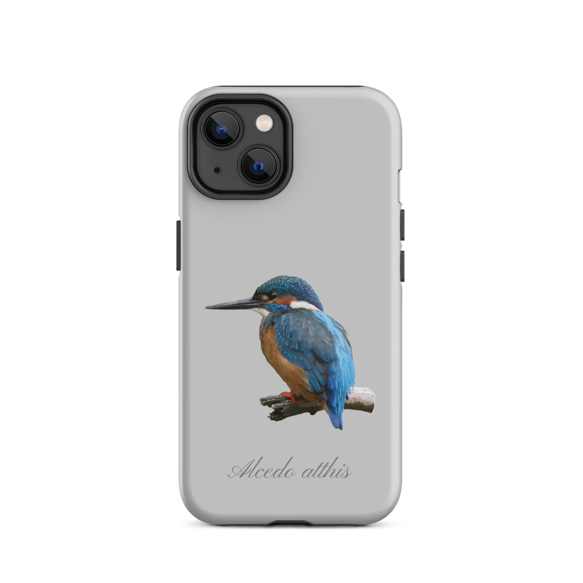 Graue iPhone Schutzhülle mit Eisvogel-Design aus robustem Silikon, seitliche Ansicht.
