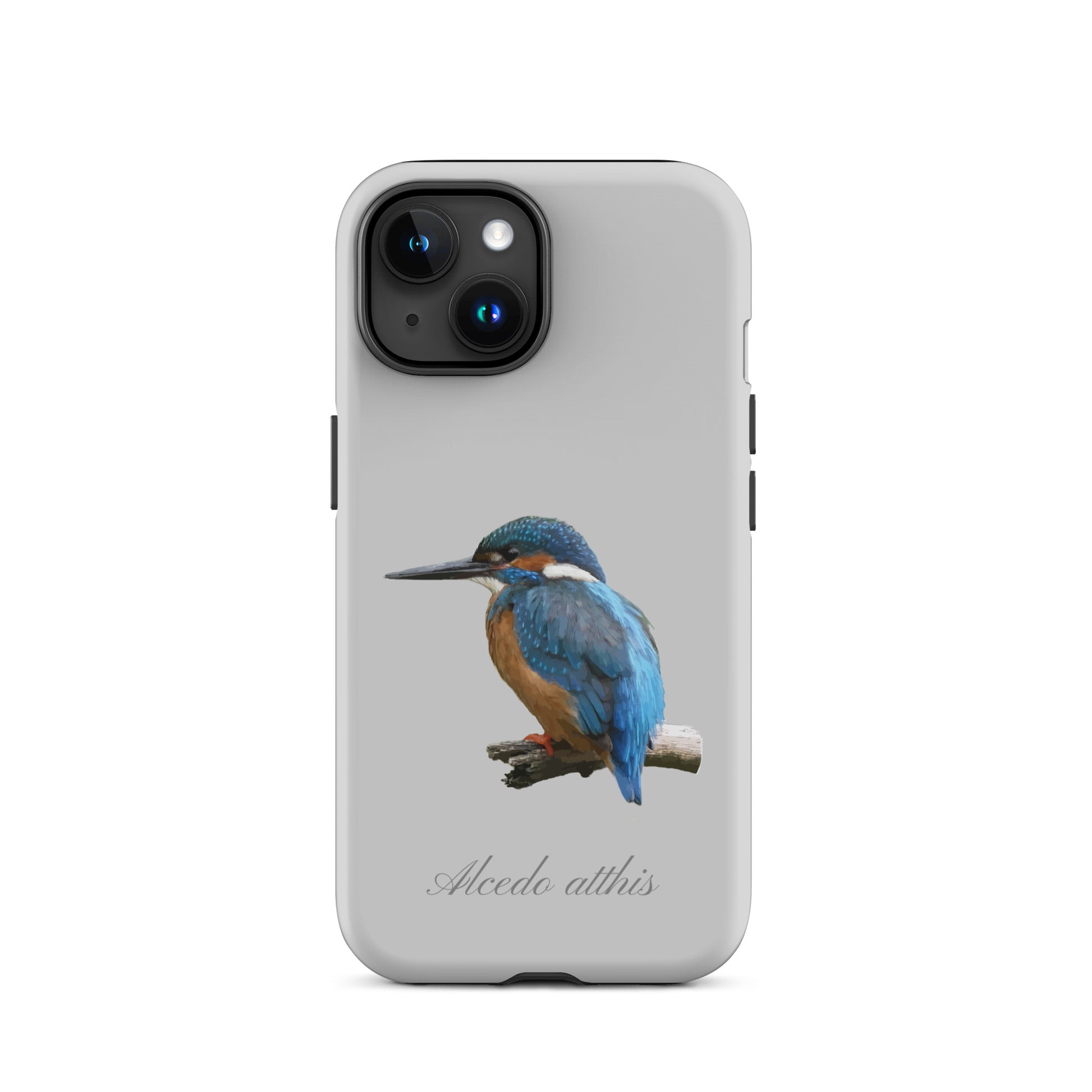 Graue iPhone-Hülle mit Eisvogel-Design, schützende Handyhülle aus robustem Material für Apple iPhone.