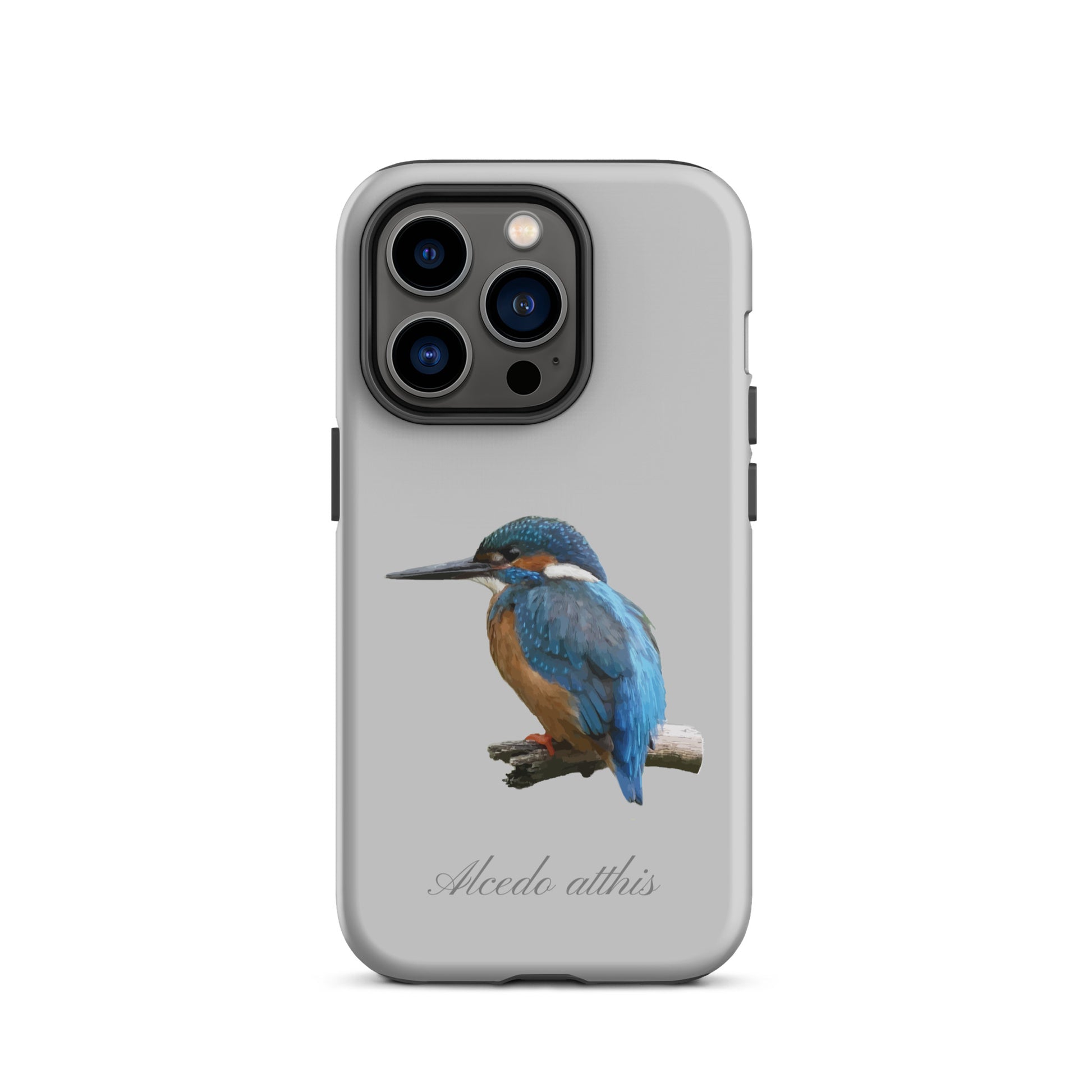 Graue iPhone Schutzhülle mit Eisvogel-Design, robust und stylisch für Apple iPhone.