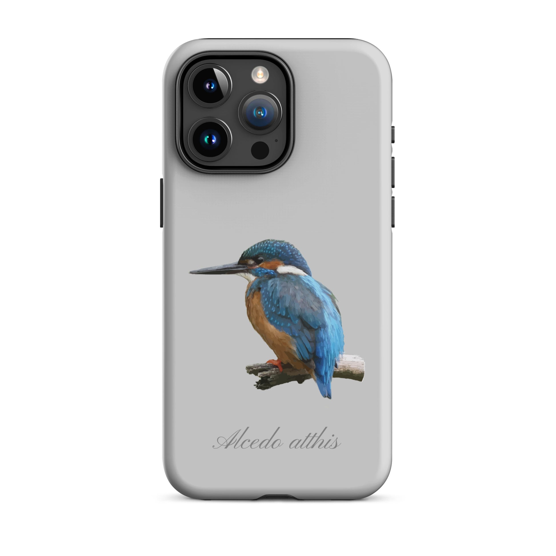 Graue iPhone-Hülle mit Eisvogel-Design, Schutzhülle aus robustem Material für Apple iPhone.