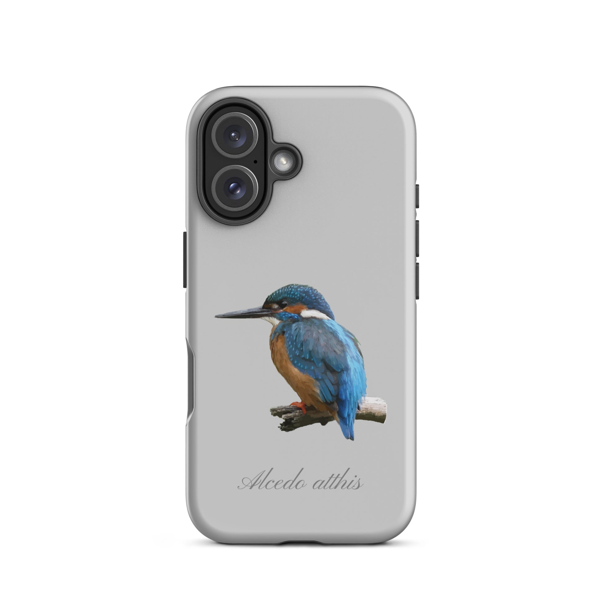 Graue iPhone Hülle aus robustem Material mit Eisvogel-Design, Schutzhülle für Apple iPhone.
