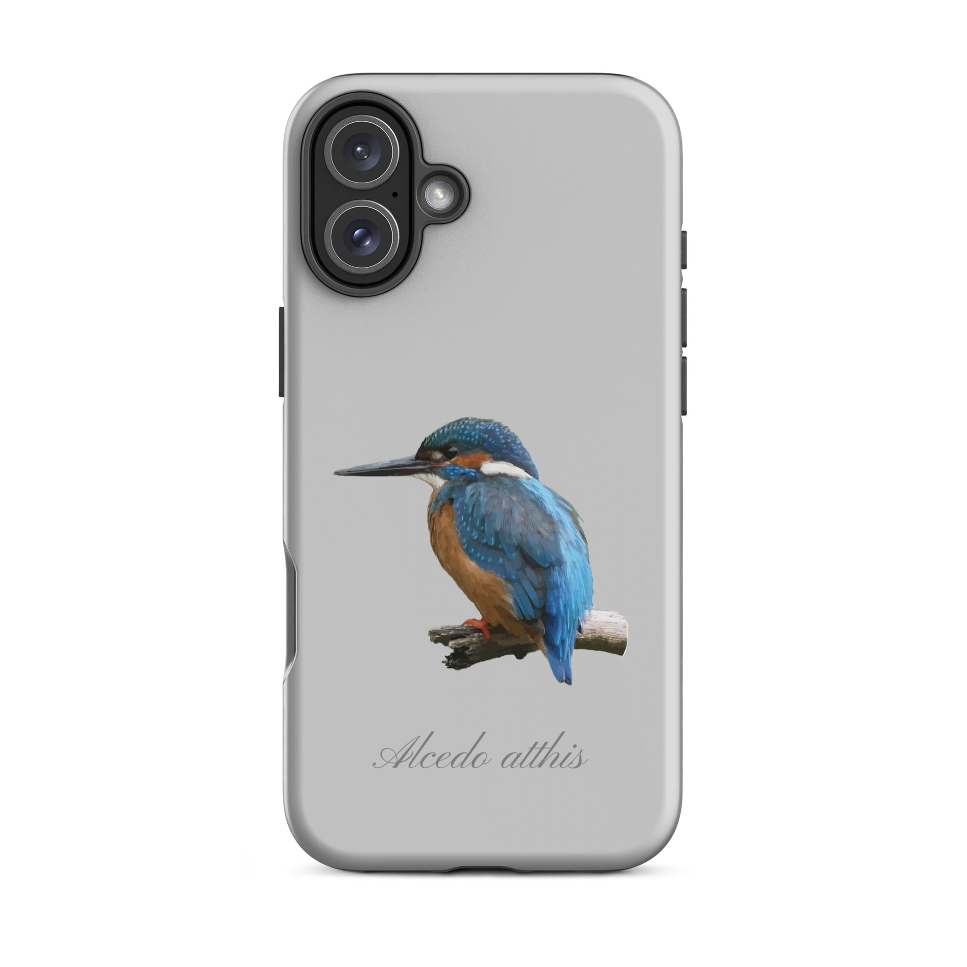 Graue iPhone Schutzhülle mit Eisvogel-Design, stoßfest und stilvoll.