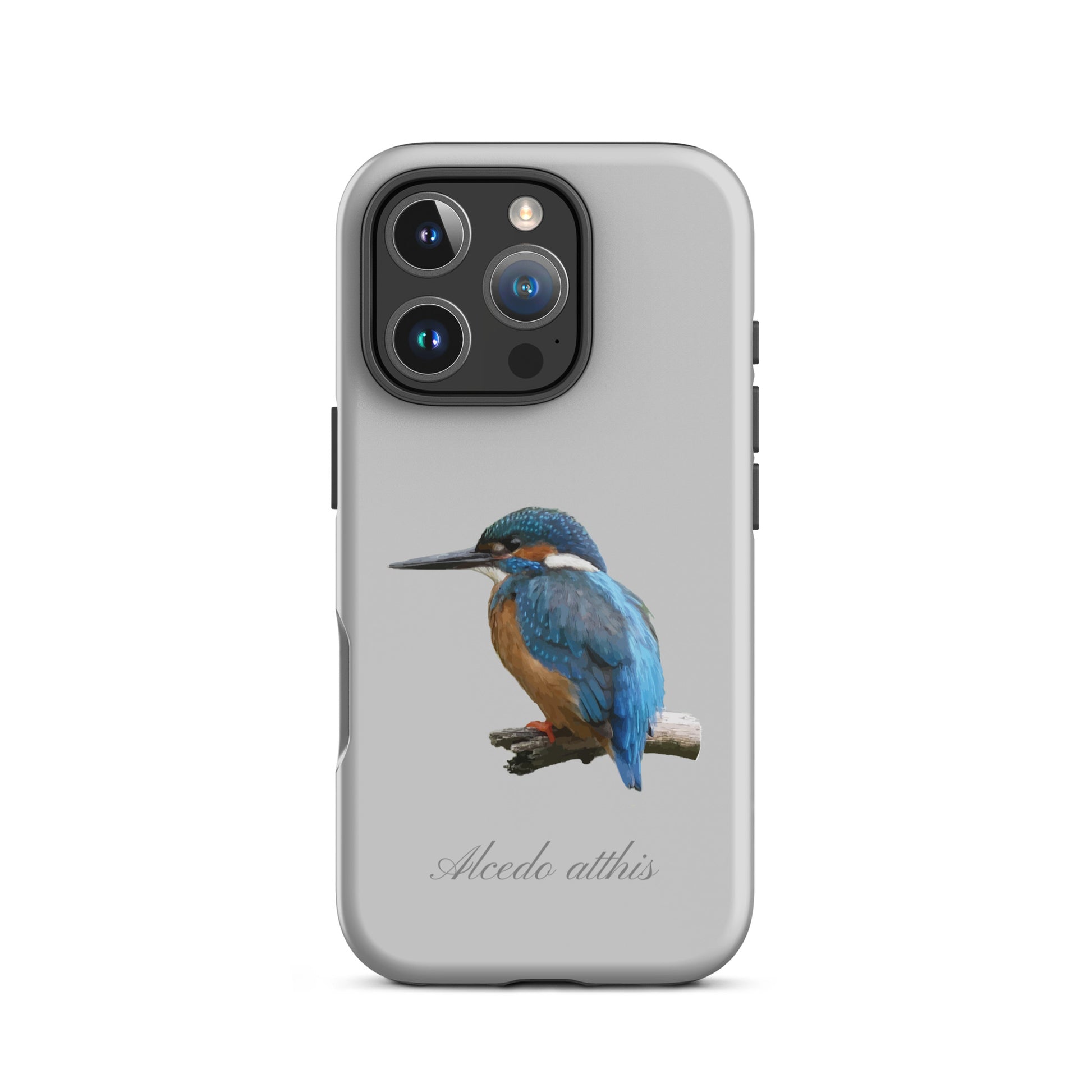 Graue iPhone-Hülle mit Eisvogel-Design, schlankes Design, präzise Aussparungen, Schutzhülle aus robustem Material