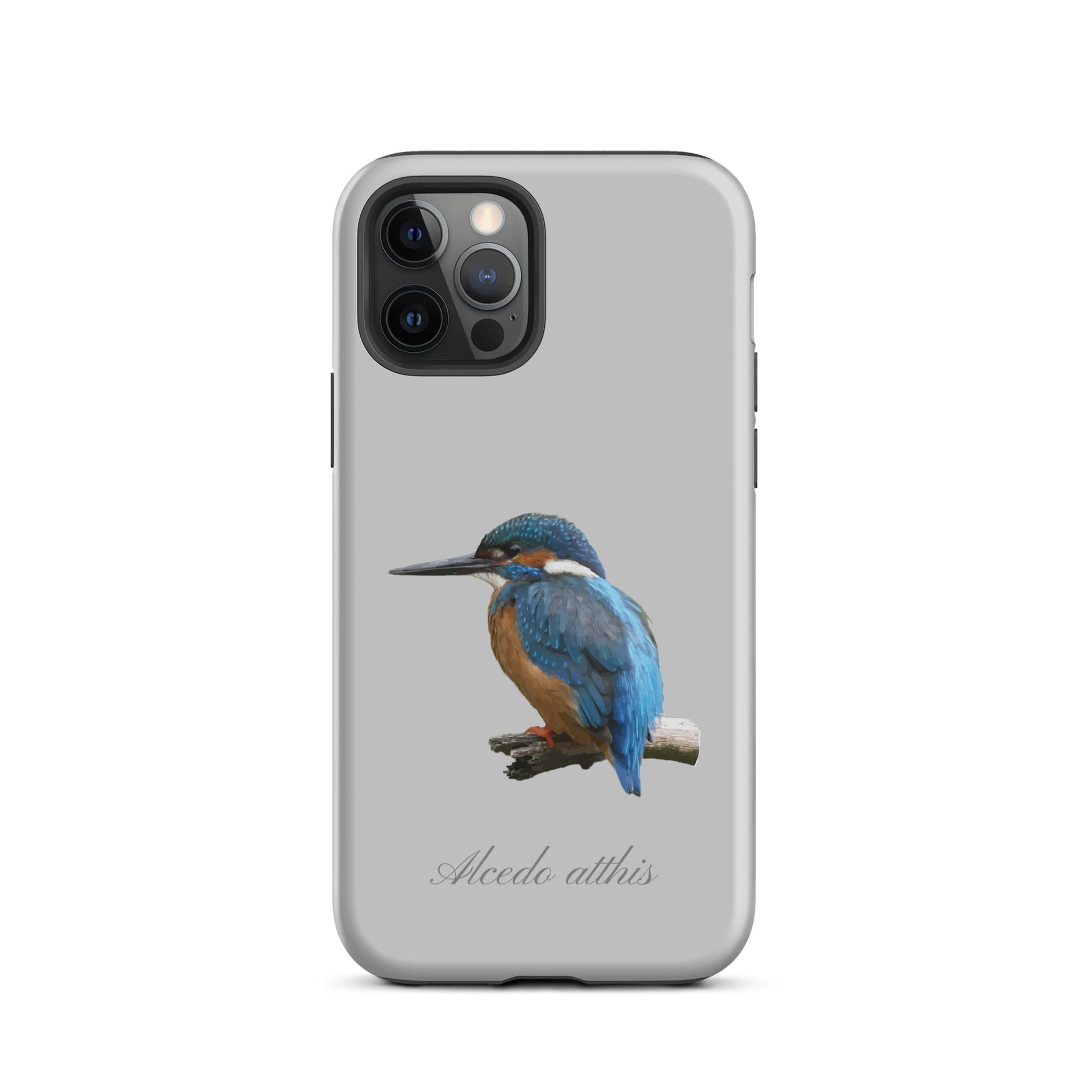 Graue iPhone Hülle mit Eisvogel-Design, schützende Silikonhülle für Apple iPhone.