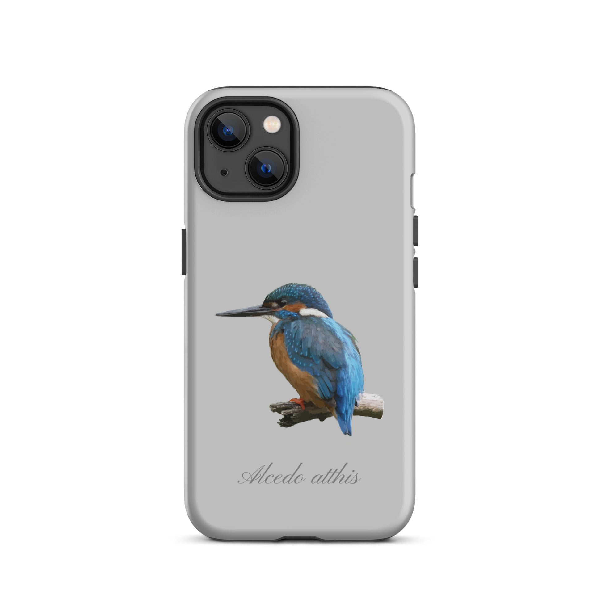 Graue iPhone Schutzhülle mit Eisvogel-Design, robustes Material, präzise Aussparungen.