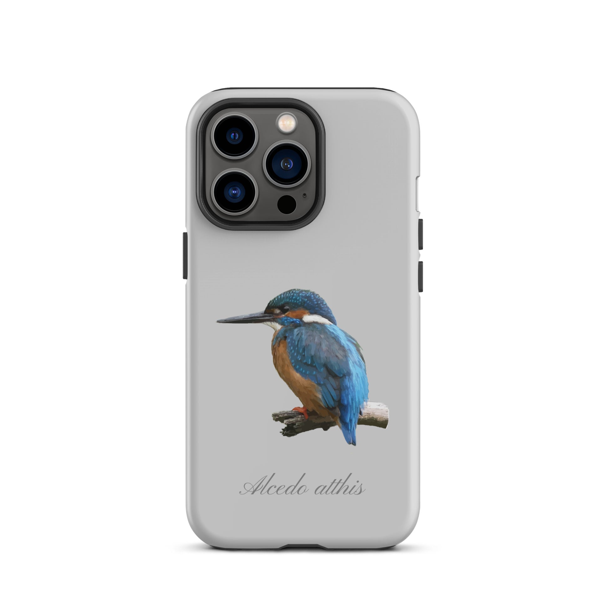 Graue iPhone Schutzhülle aus robustem Silikon mit Eisvogel-Design, passend für Apple iPhone.