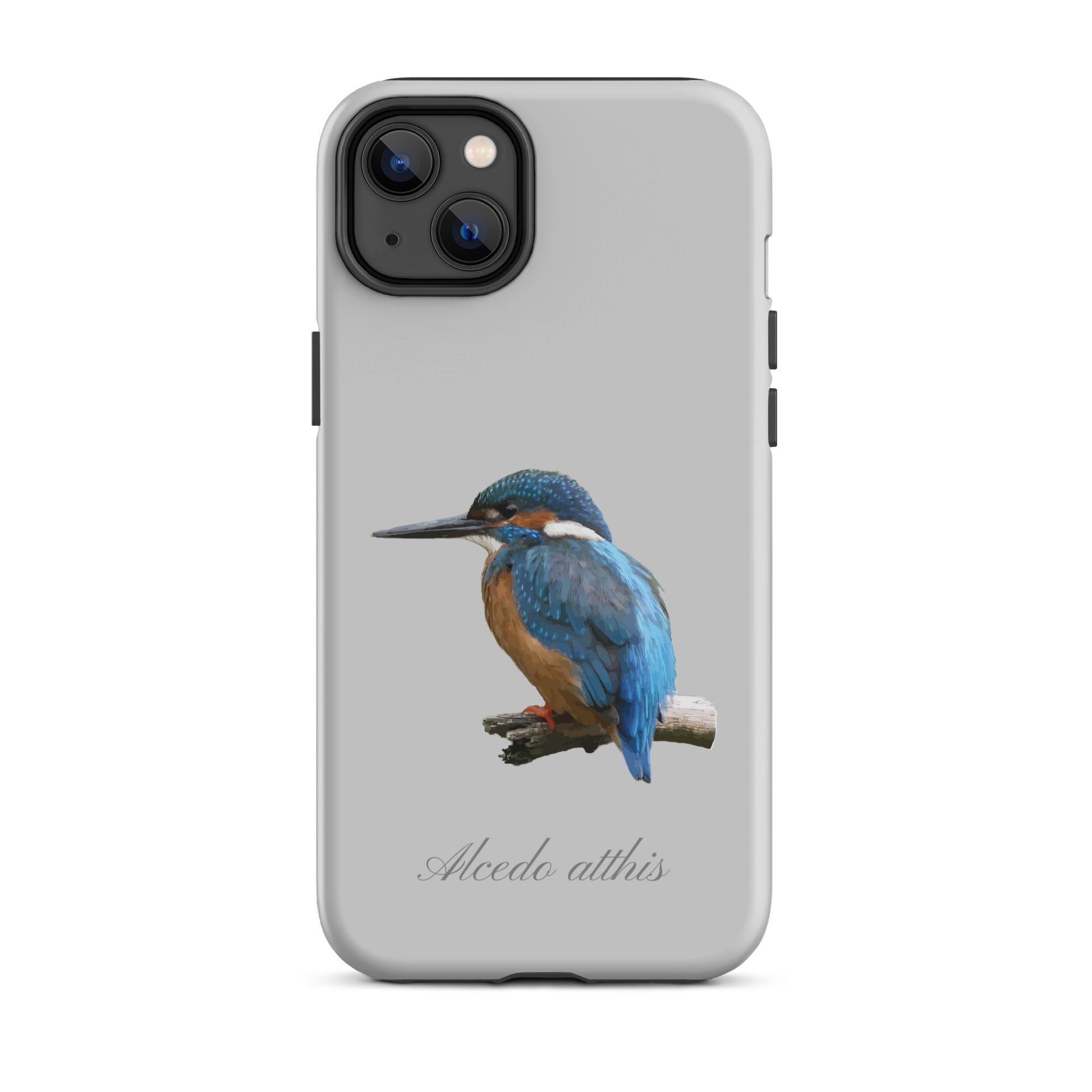 Graue iPhone-Hülle mit Eisvogel-Design aus strapazierfähigem Material, seitliche Ansicht.