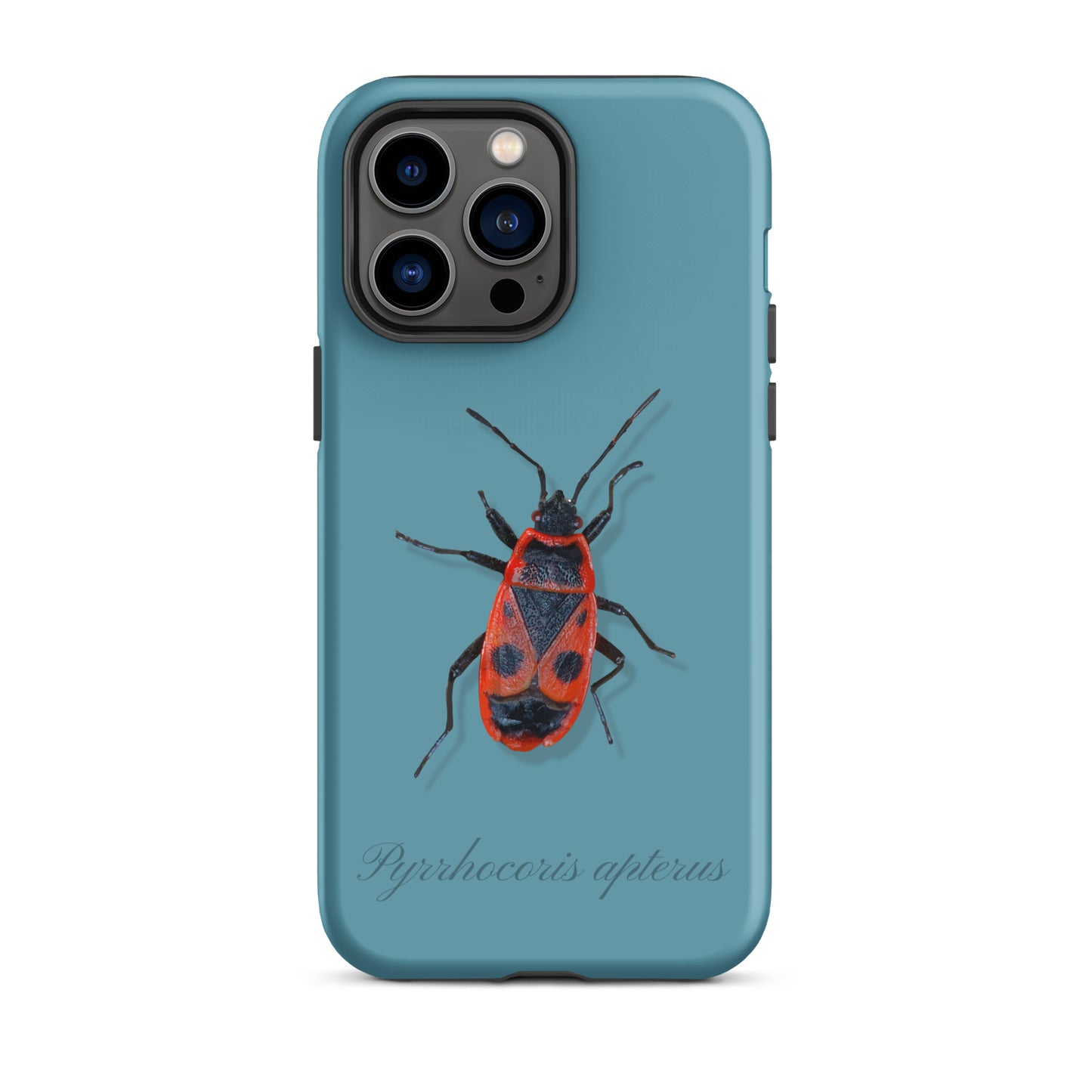 Gletscherwasserblaue iPhone-Hülle mit Feuerwanzen-Design, Schutzhülle aus robustem Material.