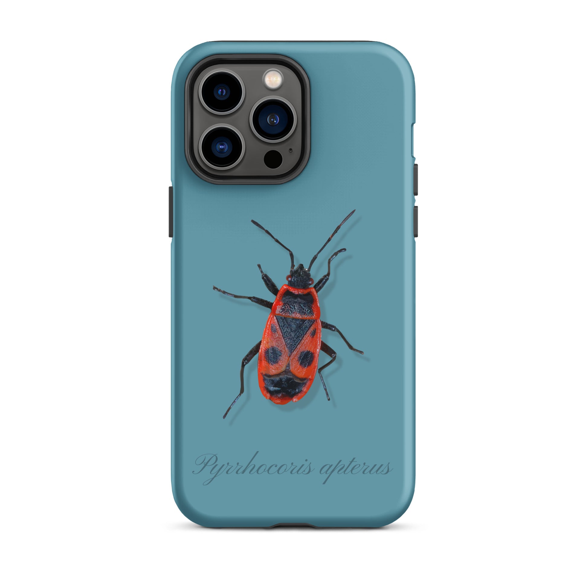 Gletscherwasserblaue iPhone-Hülle mit Feuerwanzen-Design, Schutzhülle aus robustem Material.