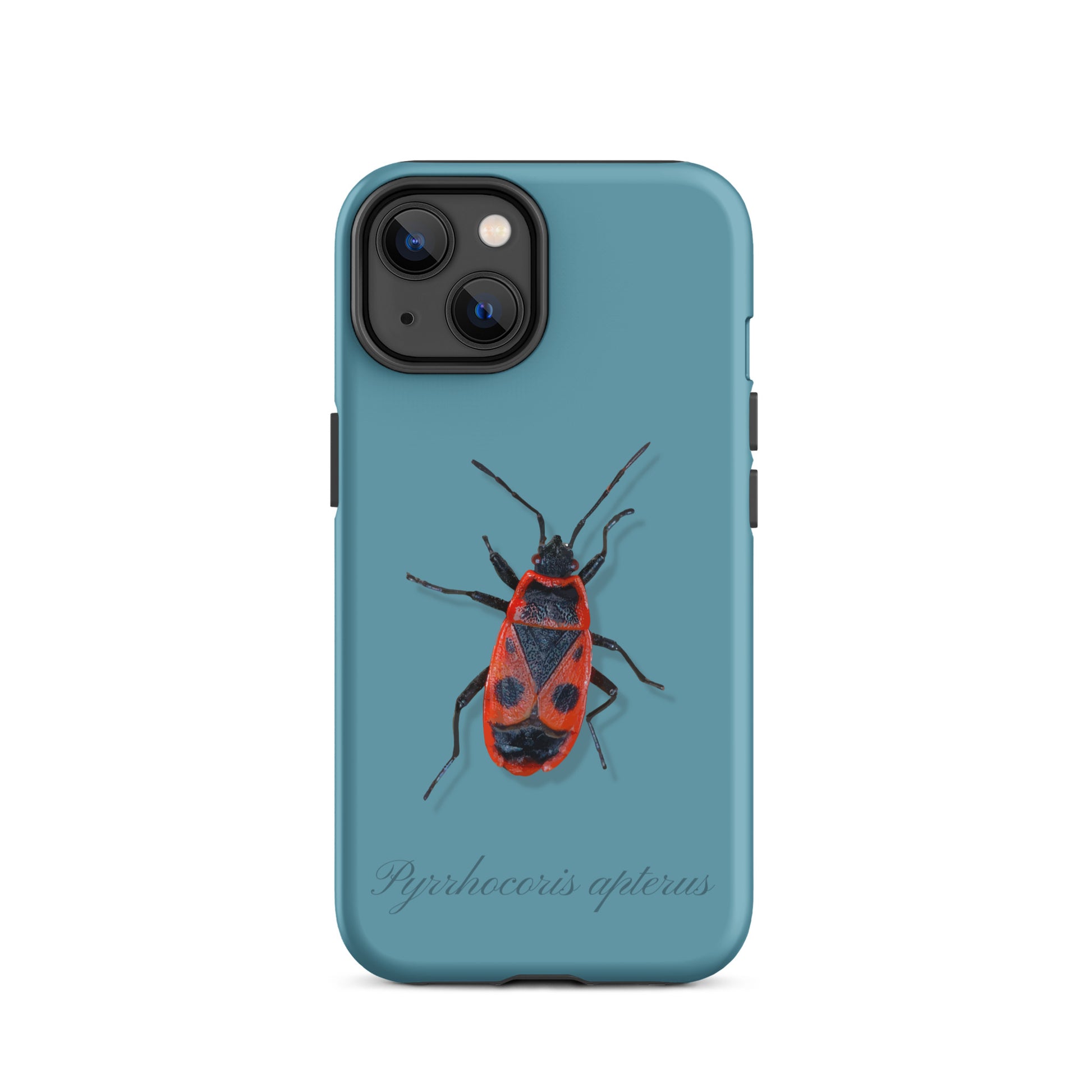 iPhone Case mit Feuerwanzen-Design in Gletscherwasserblau, Schutzhülle aus robustem Material.