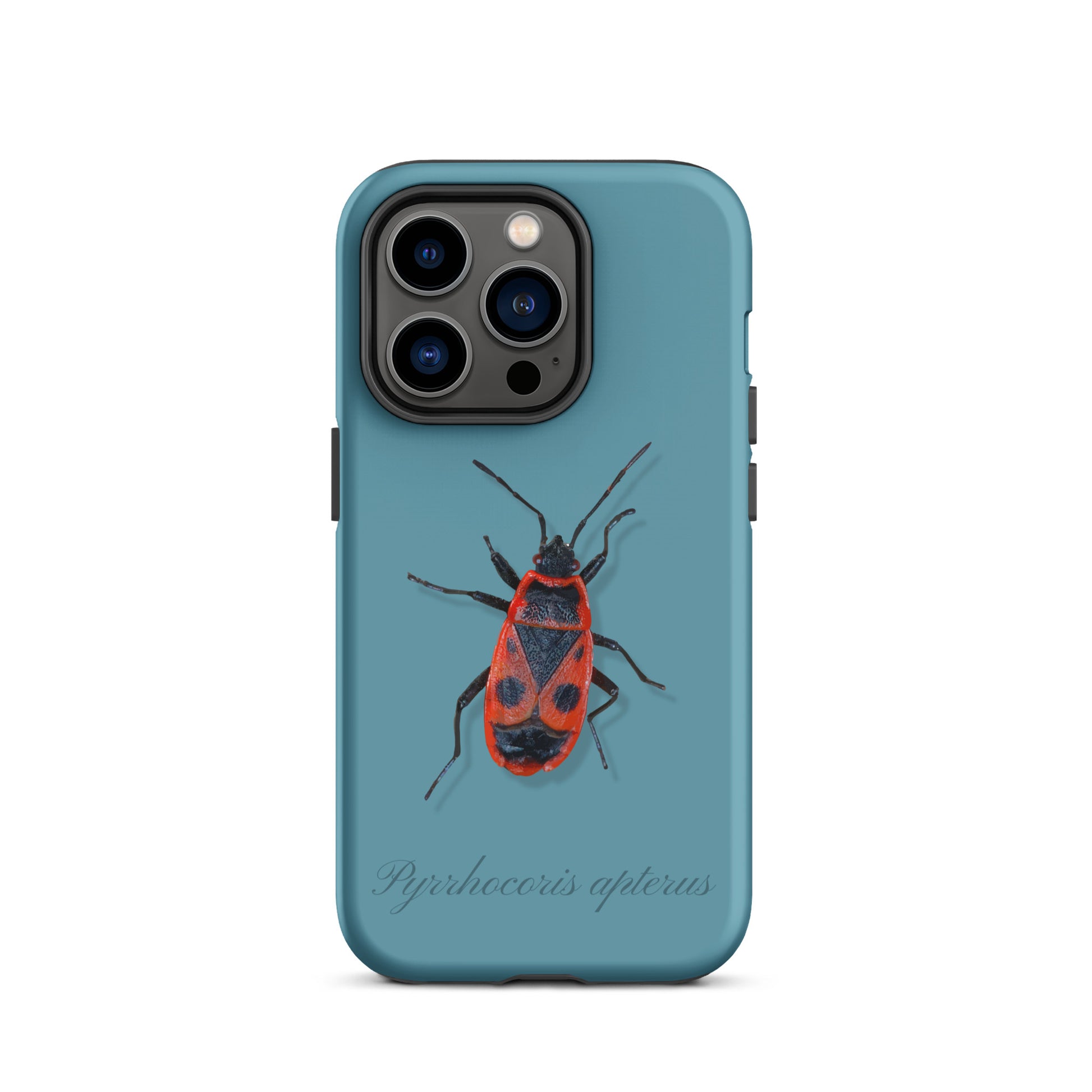 Gletscherwasserblaue iPhone Hülle mit Feuerwanze-Design, schützende Handyhülle aus robustem Material.