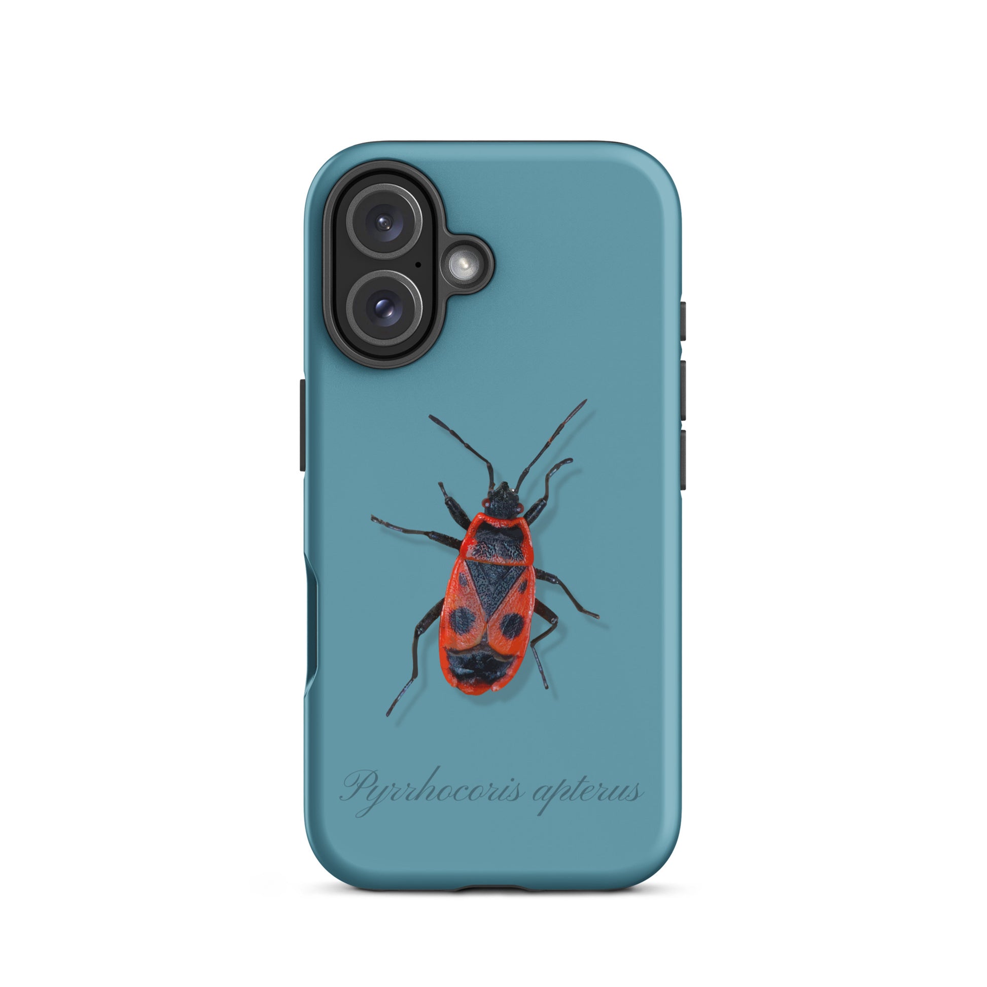 Handyhülle für iPhone in Gletscherwasserblau mit Feuerwanzen-Design, schützende Silikonhülle
