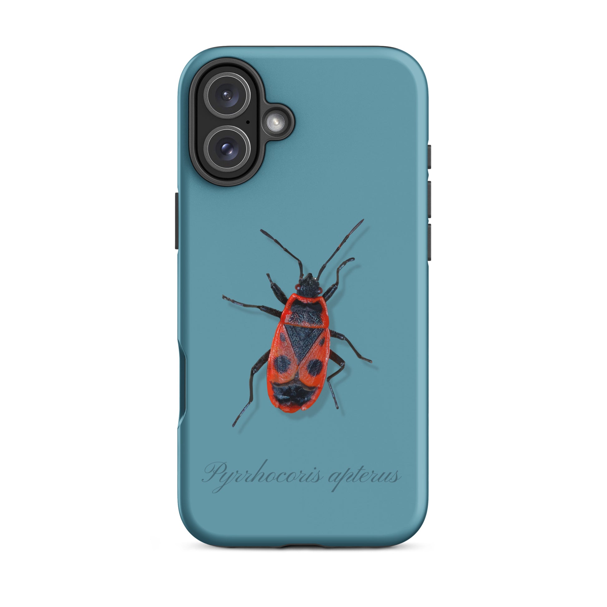 Handyhülle für iPhone in Gletscherwasserblau mit Feuerwanzen-Motiv, transparente Silikonhülle.