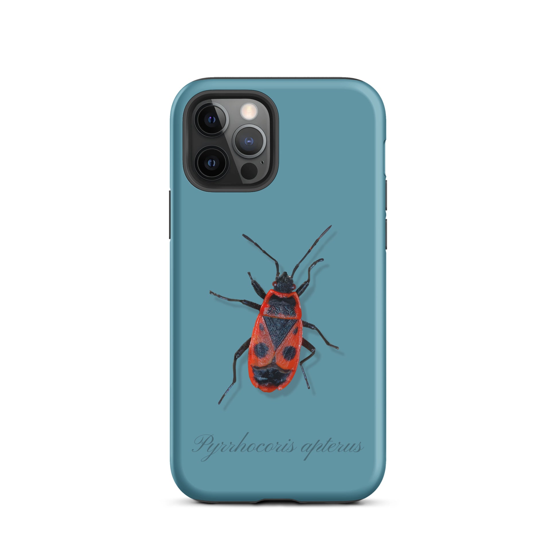 Gletscherwasserblaue iPhone-Hülle mit Feuerwanzen-Design aus robustem Kunststoff.