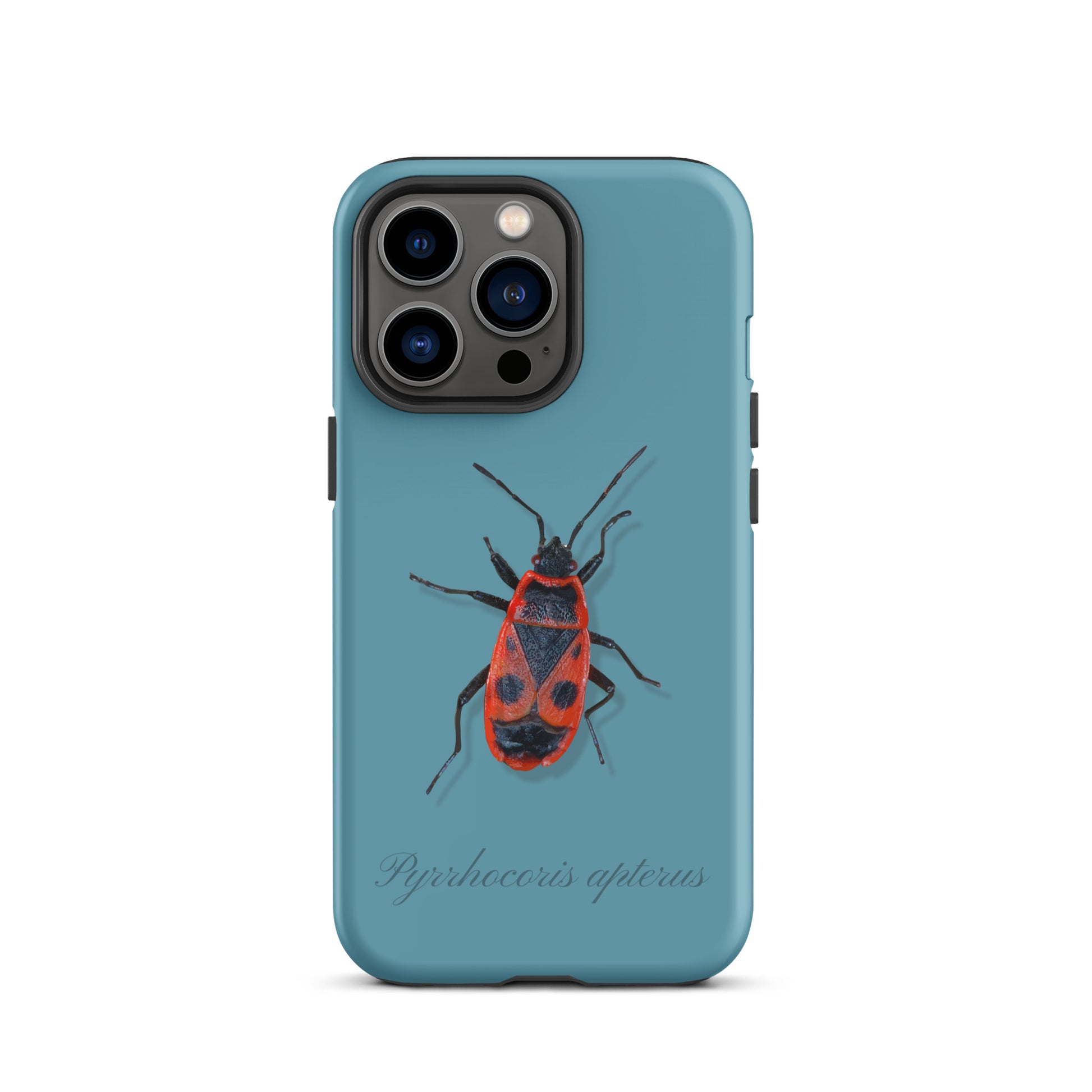 Handyhülle für iPhone in Gletscherwasserblau mit Feuerwanzen-Motiv aus robustem Kunststoff.
