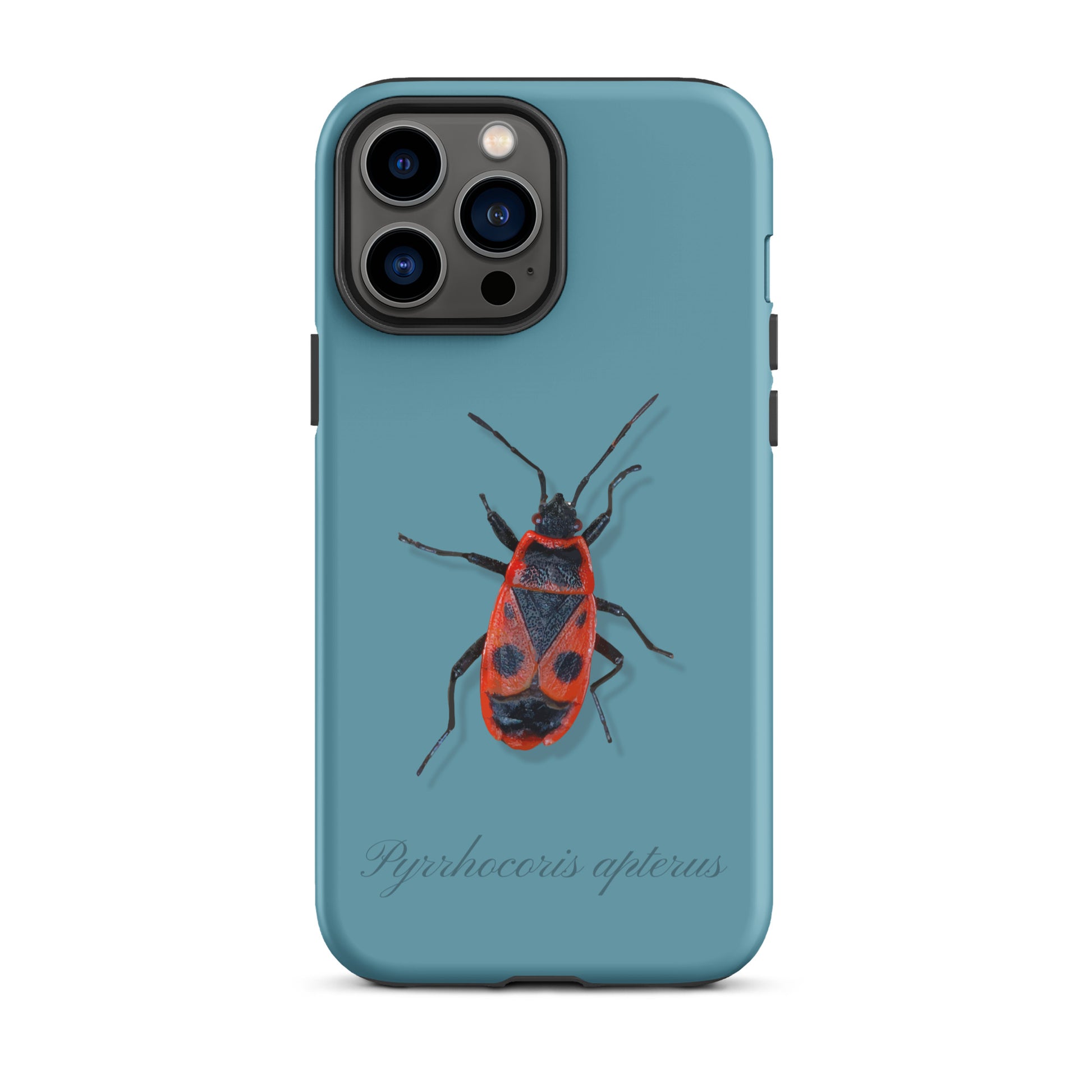 Gletscherwasserblaue iPhone-Hülle mit Feuerwanzen-Design, Schutzhülle aus robustem Material für Apple iPhone.
