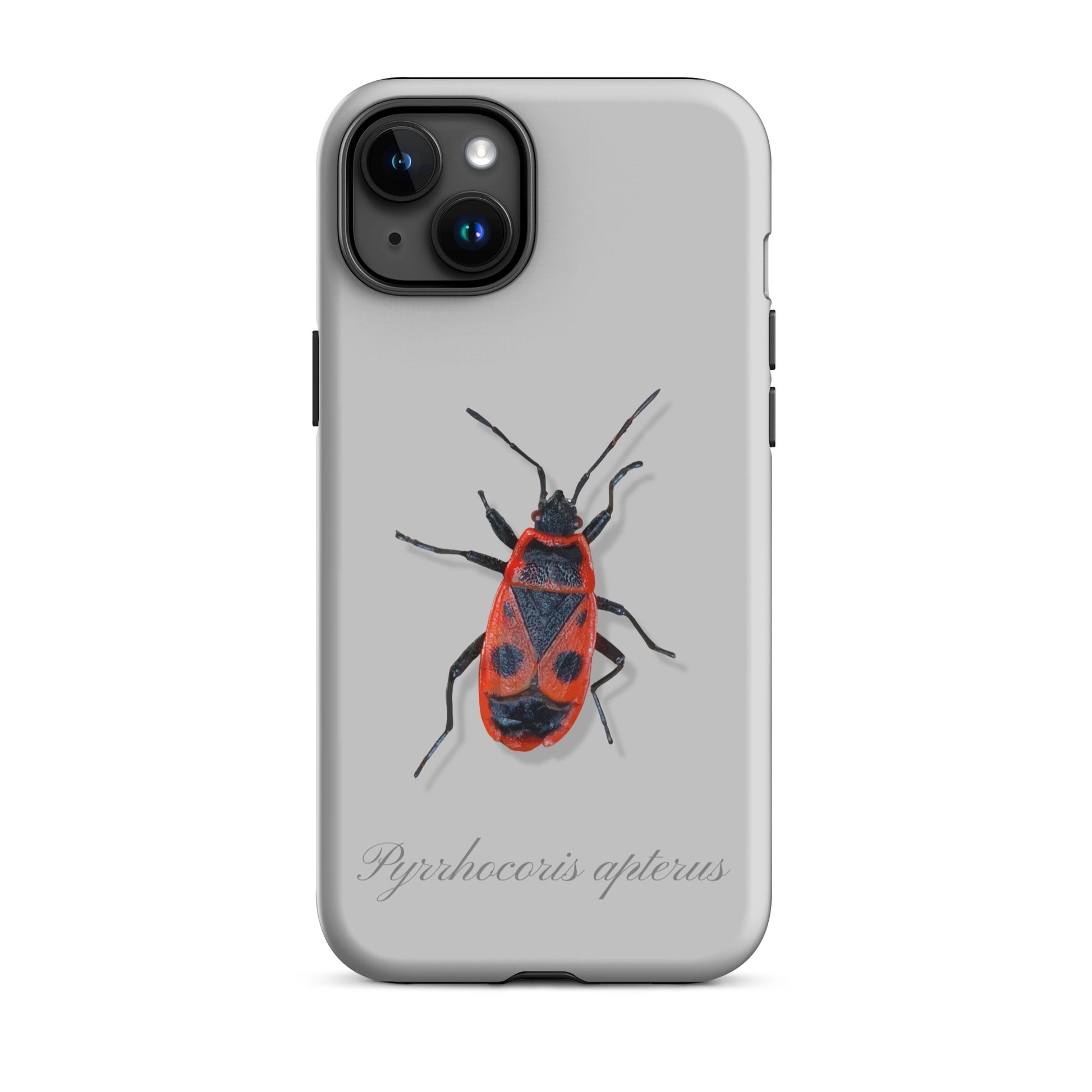 Graue iPhone-Hülle mit Feuerwanzen-Design, Schutzhülle aus robustem Material für Apple iPhone.