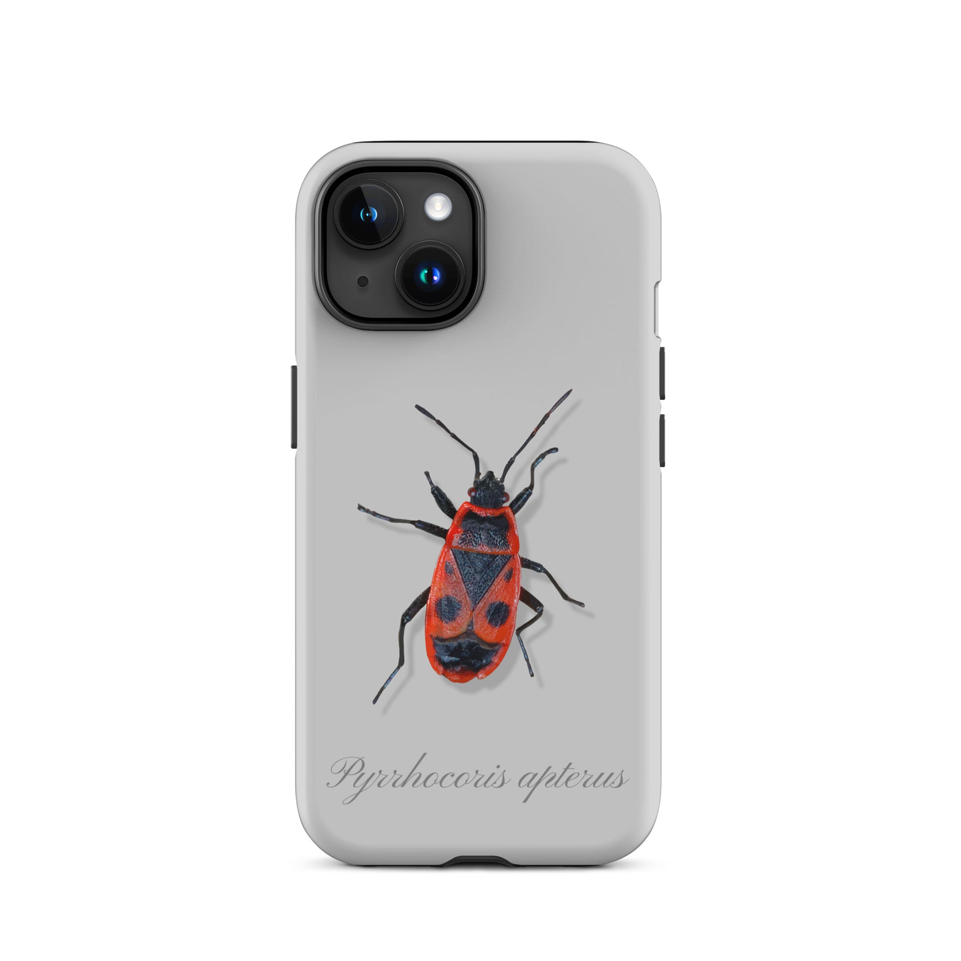Graue iPhone Schutzhülle mit Feuerwanze Muster, robustes Design für optimalen Schutz.