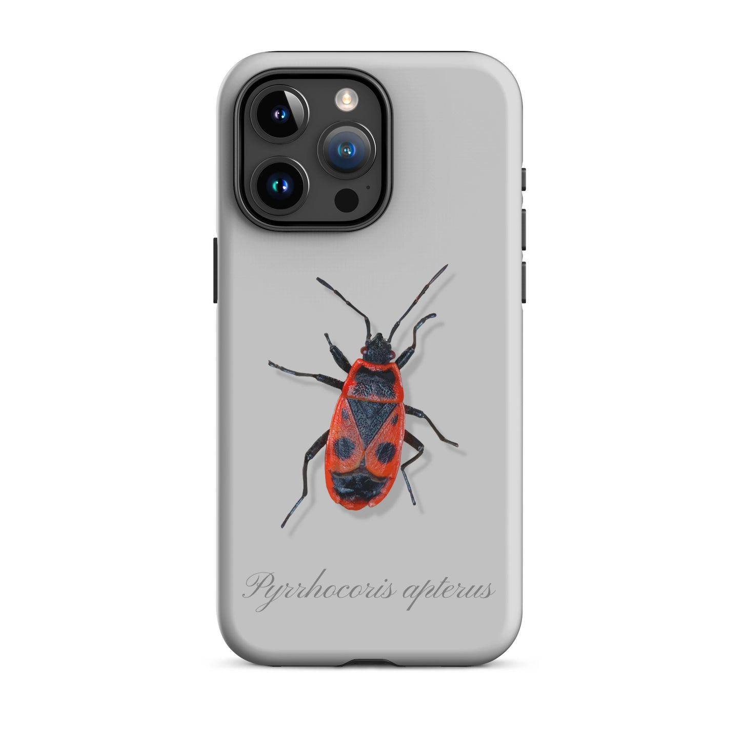 Graue iPhone Schutzhülle mit Feuerwanzen-Design, robust und stylisch, passend für Apple iPhone