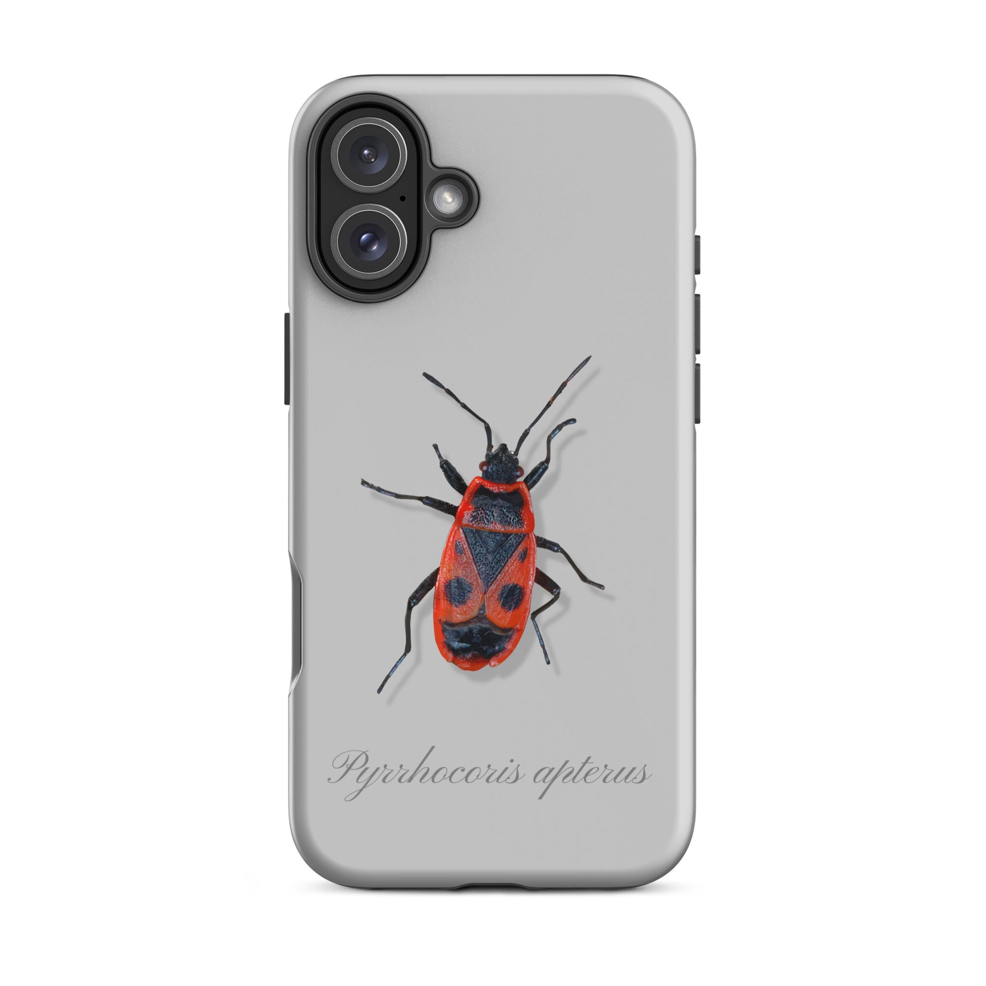 Graue iPhone Schutzhülle mit Feuerwanzen-Design, robustes Material, präzise Aussparungen.