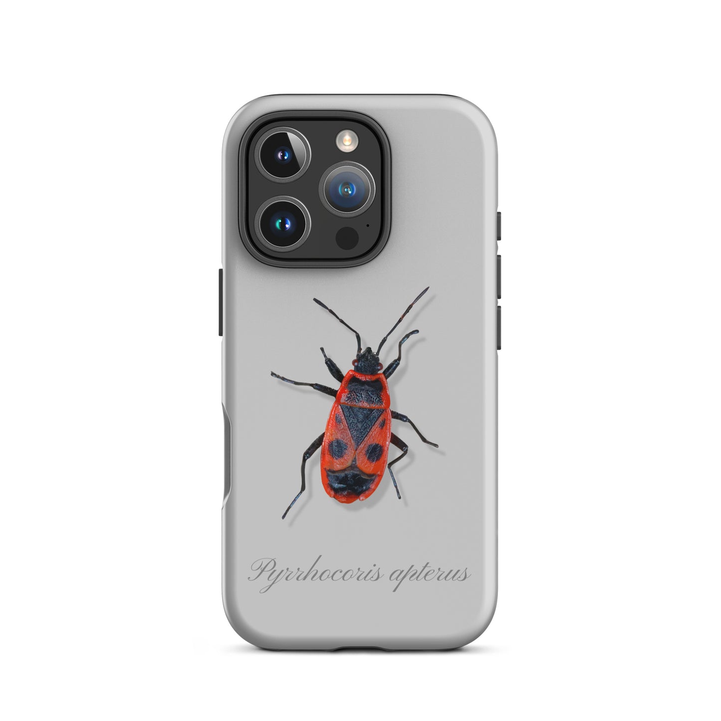Graue iPhone Schutzhülle mit Feuerwanzen-Design, robust und stilvoll für Apple iPhone