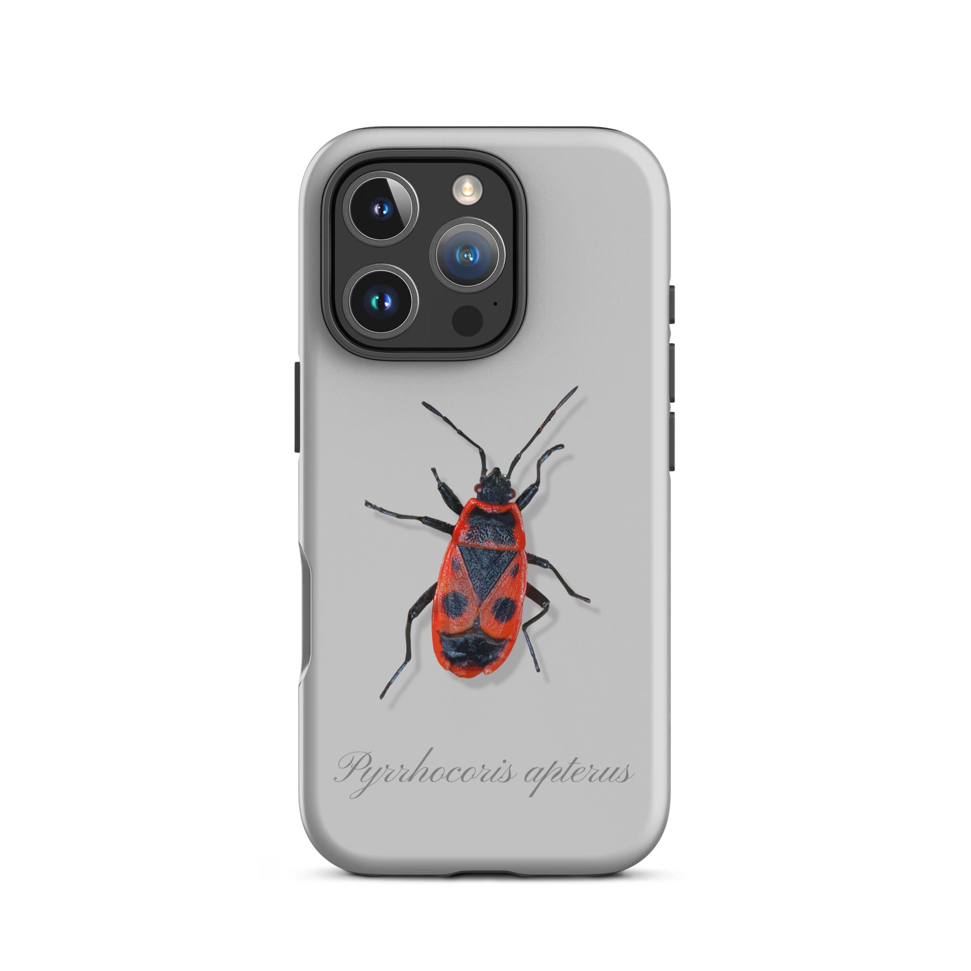 Graue iPhone Schutzhülle mit Feuerwanzen-Design, robust und stilvoll für Apple iPhone