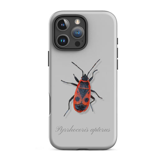 Graue iPhone-Hülle mit Feuerwanzen-Design, Schutzhülle aus robustem Kunststoff für Apple iPhone.