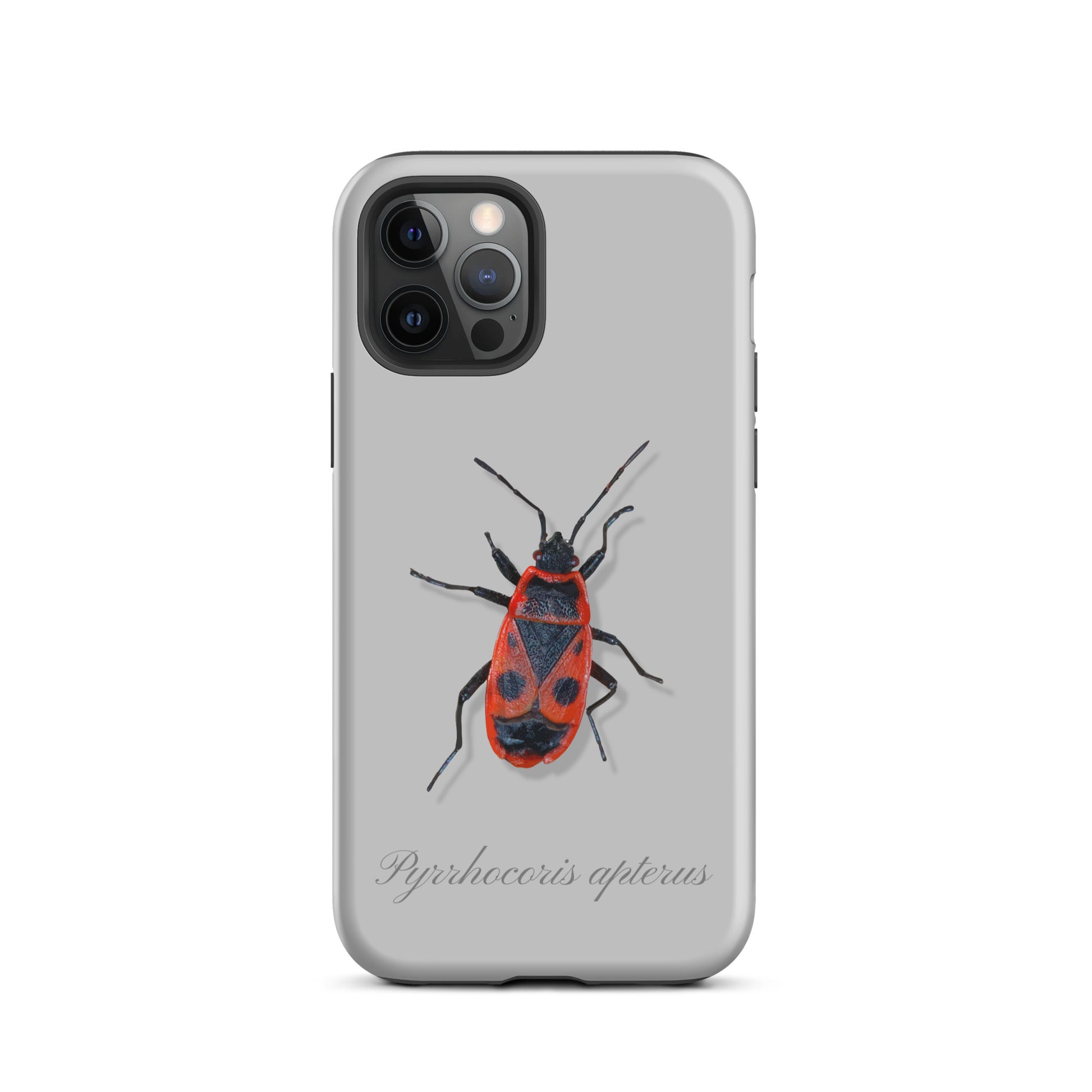 Graue iPhone Schutzhülle mit Feuerwanzen-Design aus robustem Kunststoff