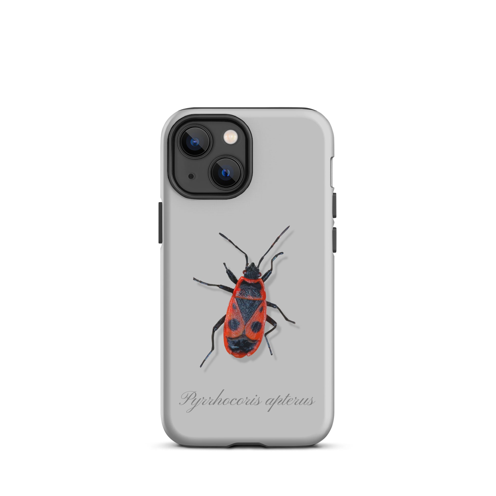Graue iPhone-Hülle mit Feuerwanzen-Design, Schutzhülle aus robustem Material für Apple iPhone.