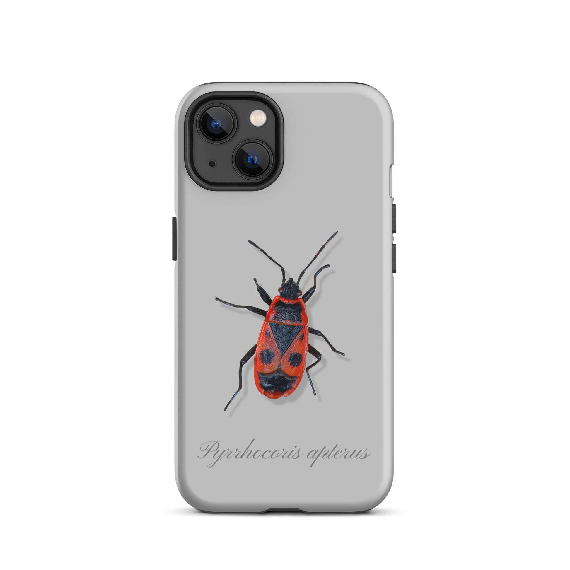 Graue iPhone-Hülle mit Feuerwanzen-Design, Schutzhülle aus robustem Material für Apple iPhone.