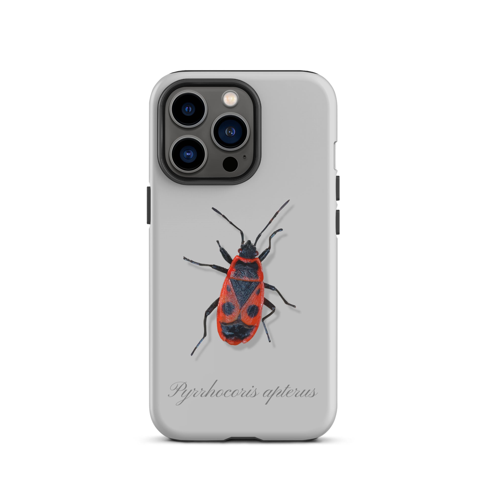 Graue iPhone-Hülle mit Feuerwanzen-Design, robuste Schutzhülle aus Silikon für Apple iPhone.