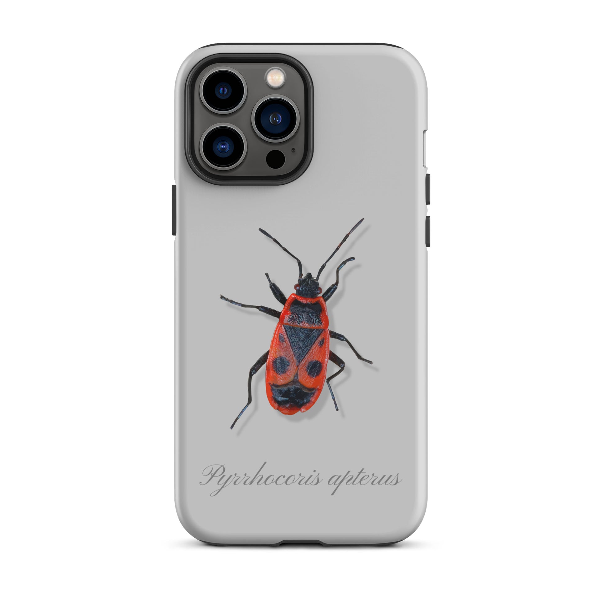 Graue iPhone Hülle mit Feuerwanze-Design, Schutzhülle aus robustem Material für Apple iPhone.
