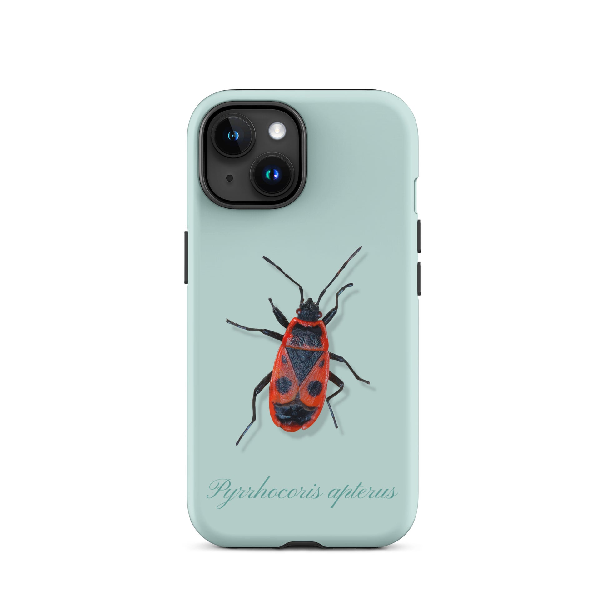 Hellblaue iPhone Schutzhülle mit Feuerwanze-Design, Vorderansicht, schützende Handyhülle mit einzigartigem Muster.