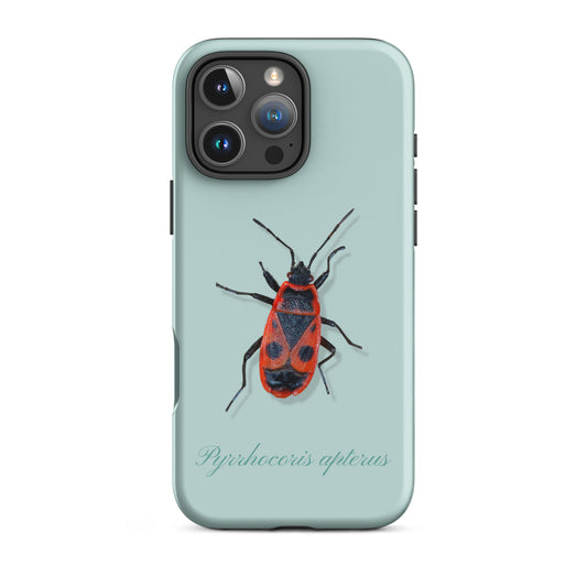 Handyhülle für iPhone mit Feuerwanzen-Muster in Hellblau, robuste Schutzhülle aus Kunststoff