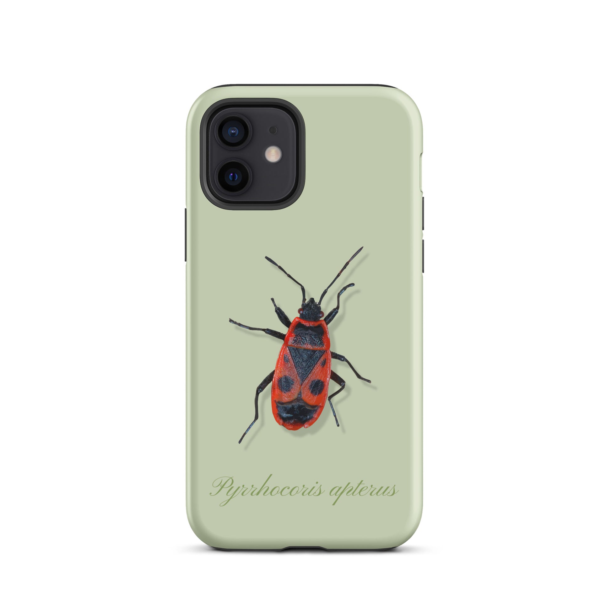 Hellgrüne iPhone-Hülle mit Feuerwanzen-Design aus robustem Silikon, Schutzhülle für Apple iPhone.