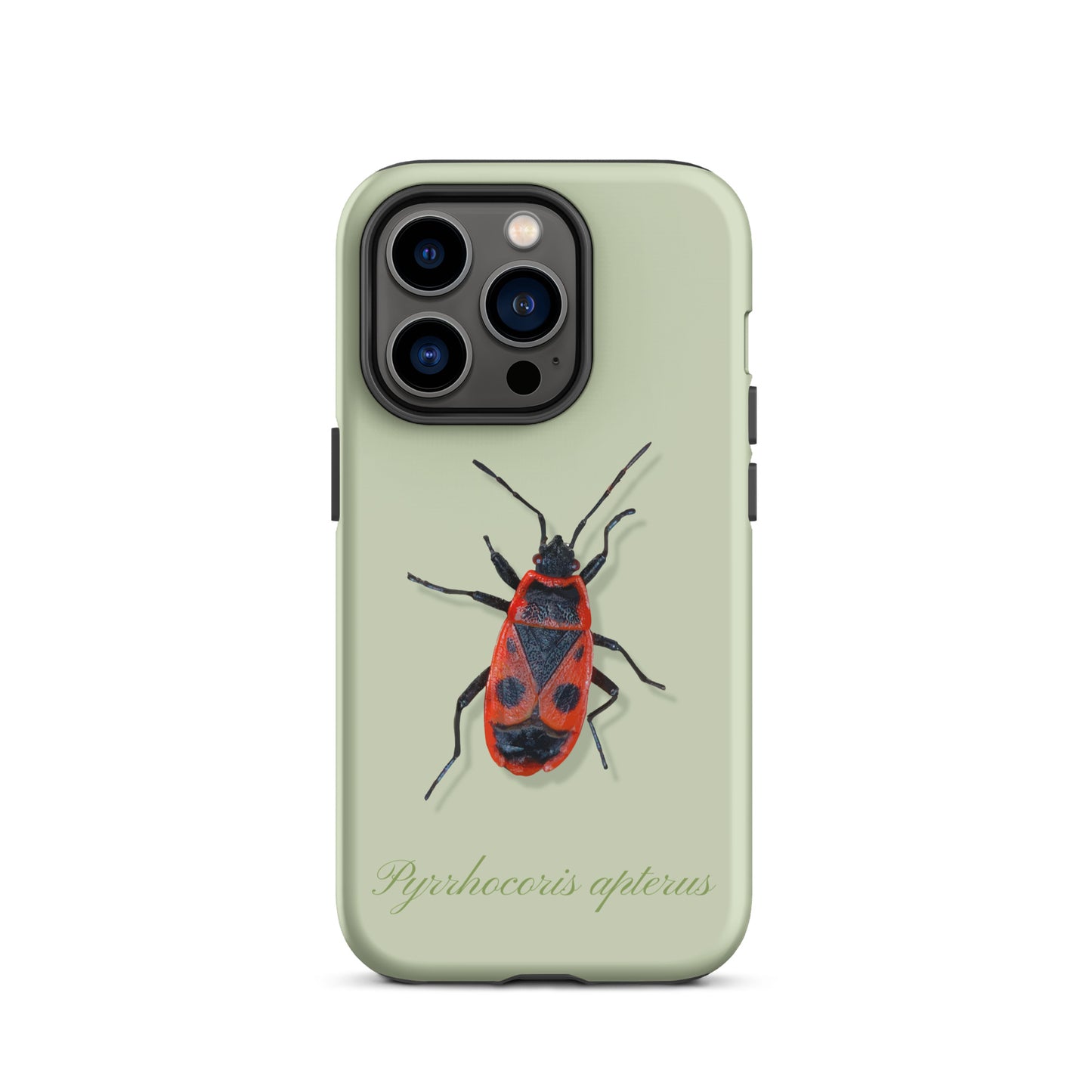 Grüne Handyhülle mit Feuerwanzen-Motiv für iPhone, Seitenansicht