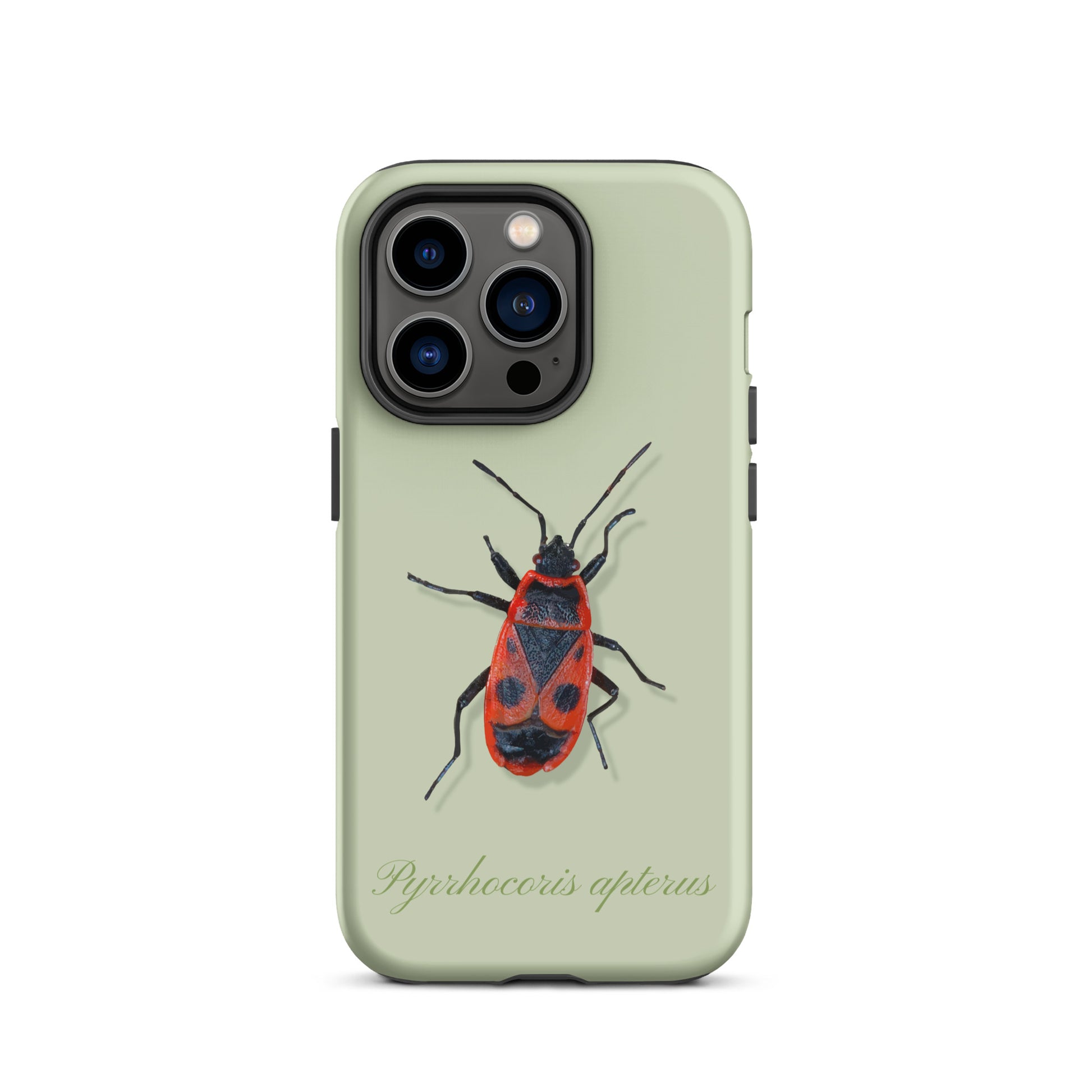 Grüne Handyhülle mit Feuerwanzen-Motiv für iPhone, Seitenansicht