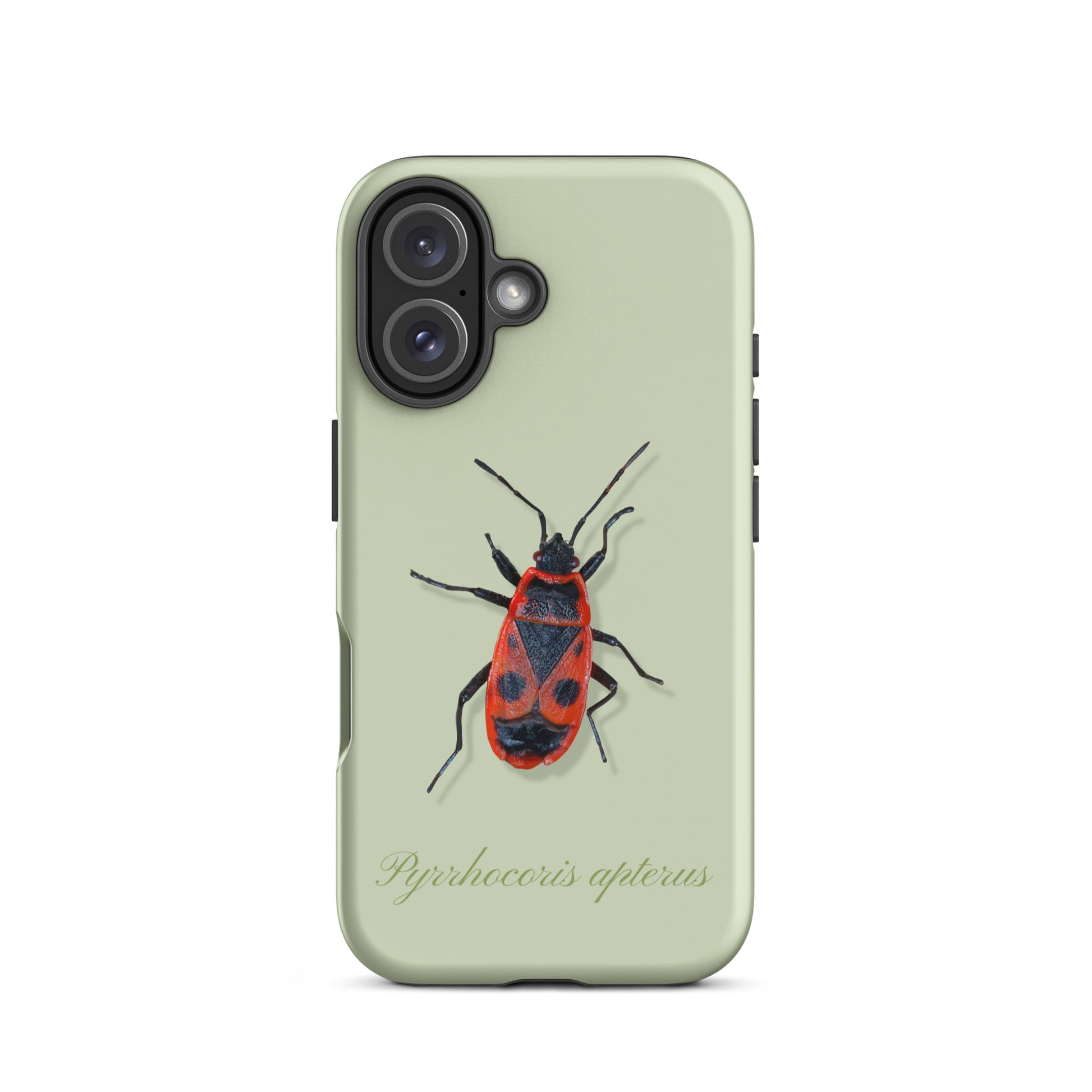 Hellgrüne iPhone-Hülle mit Feuerwanzen-Design, Schutzhülle aus robustem Material für Apple iPhone.