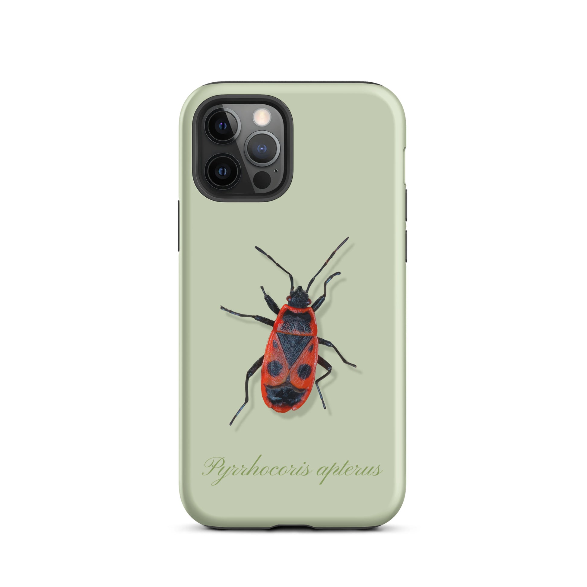 Hellgrüne iPhone Schutzhülle mit Feuerwanzen-Design, präzise Aussparungen, schockabsorbierend.