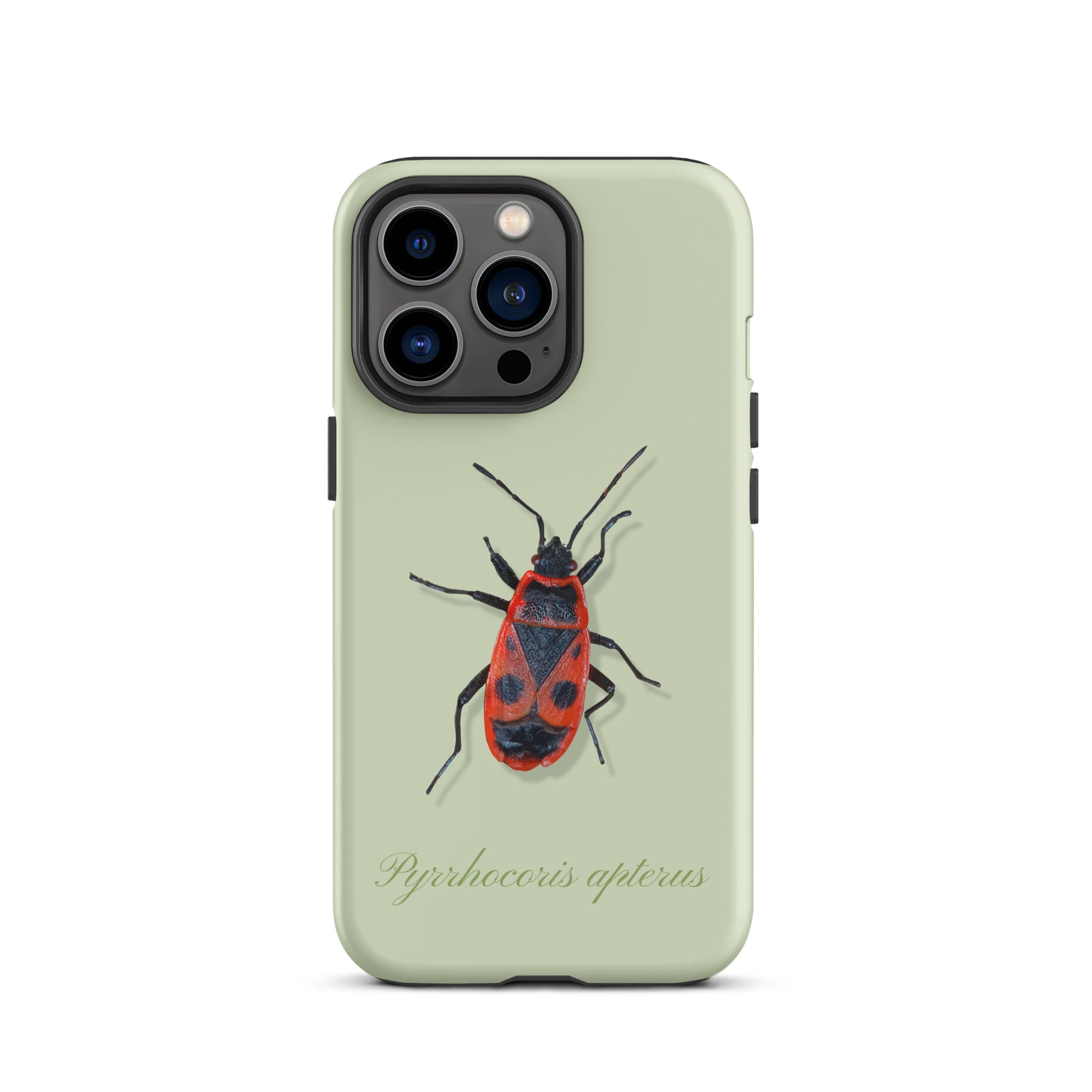 Hellgrüne iPhone Schutzhülle mit Feuerwanzen-Design, präzise Passform, hochwertiges Material.