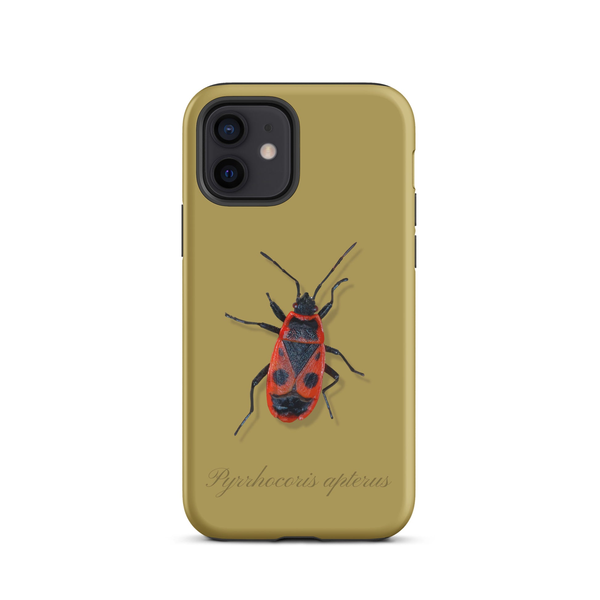 Ockergelbe iPhone-Hülle mit Feuerwanzen-Design aus robustem Material, Schutzhülle für Apple iPhone.