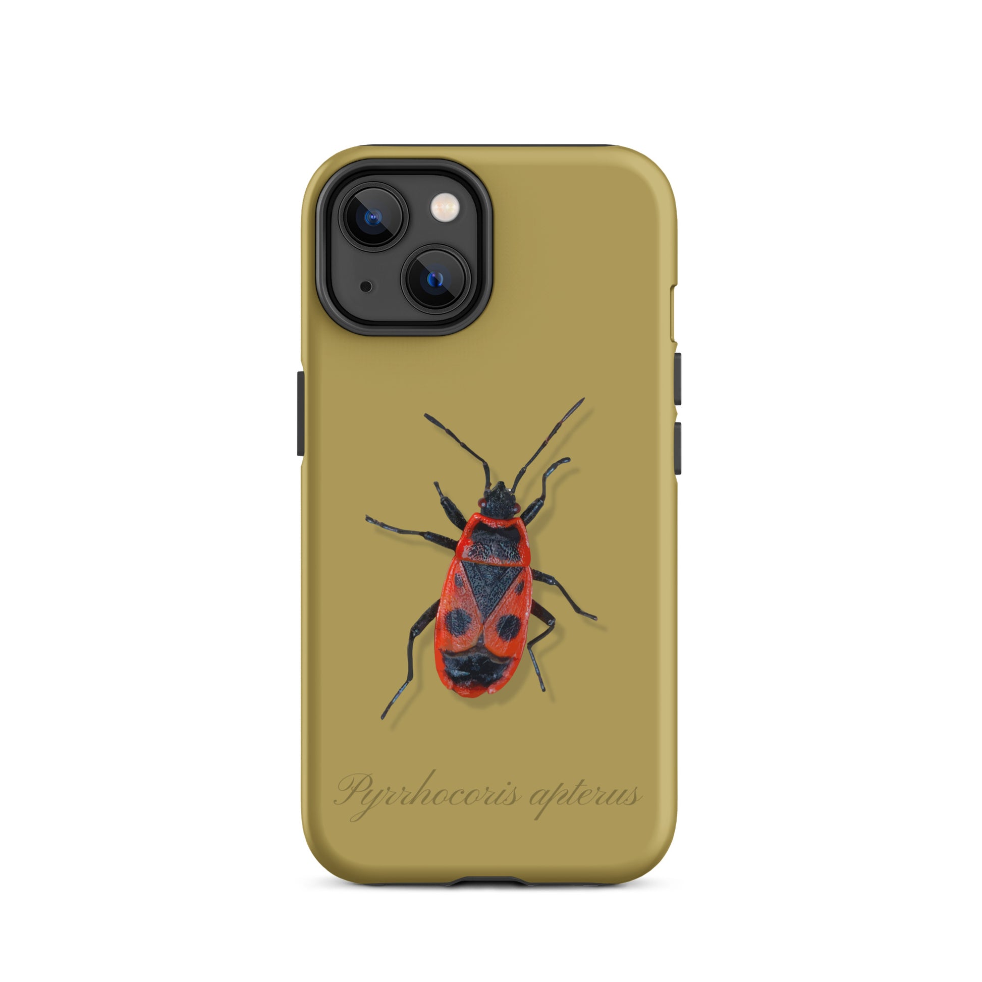 Ockergelbe iPhone-Hülle mit Feuerwanzen-Motiv, Schutzhülle aus robustem Material