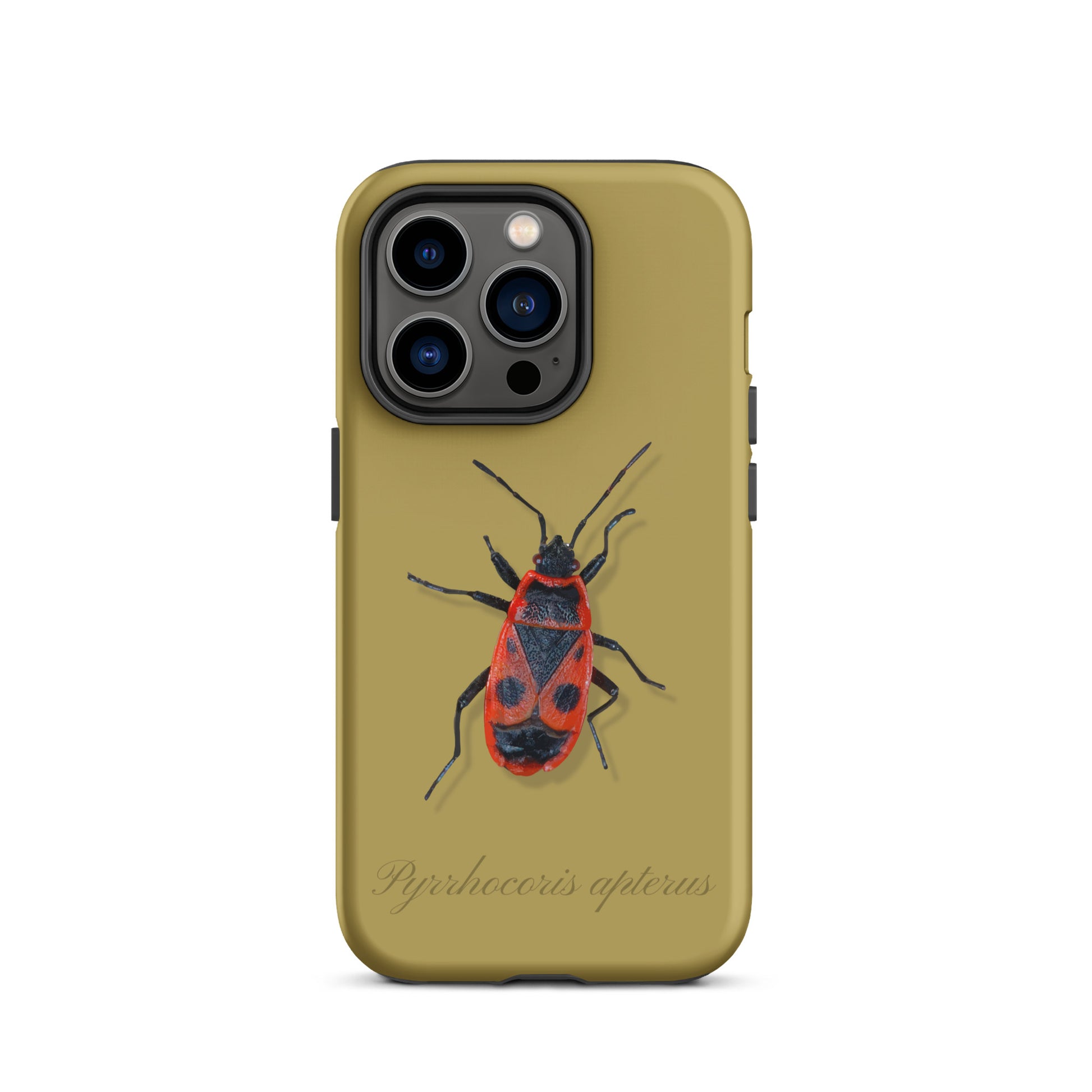 Ockergelbe iPhone-Hülle mit Feuerwanzen-Motiv, Schutzhülle aus robustem Material