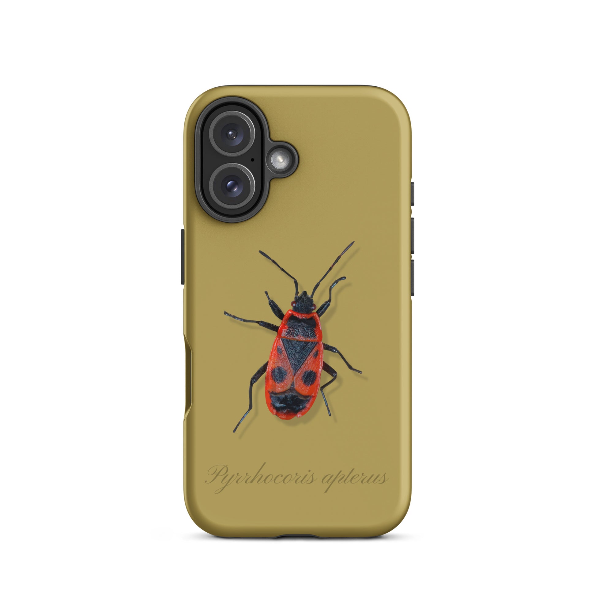 Ockergelbe iPhone-Hülle mit Feuerwanzen-Design, Schutzhülle aus robustem Material.