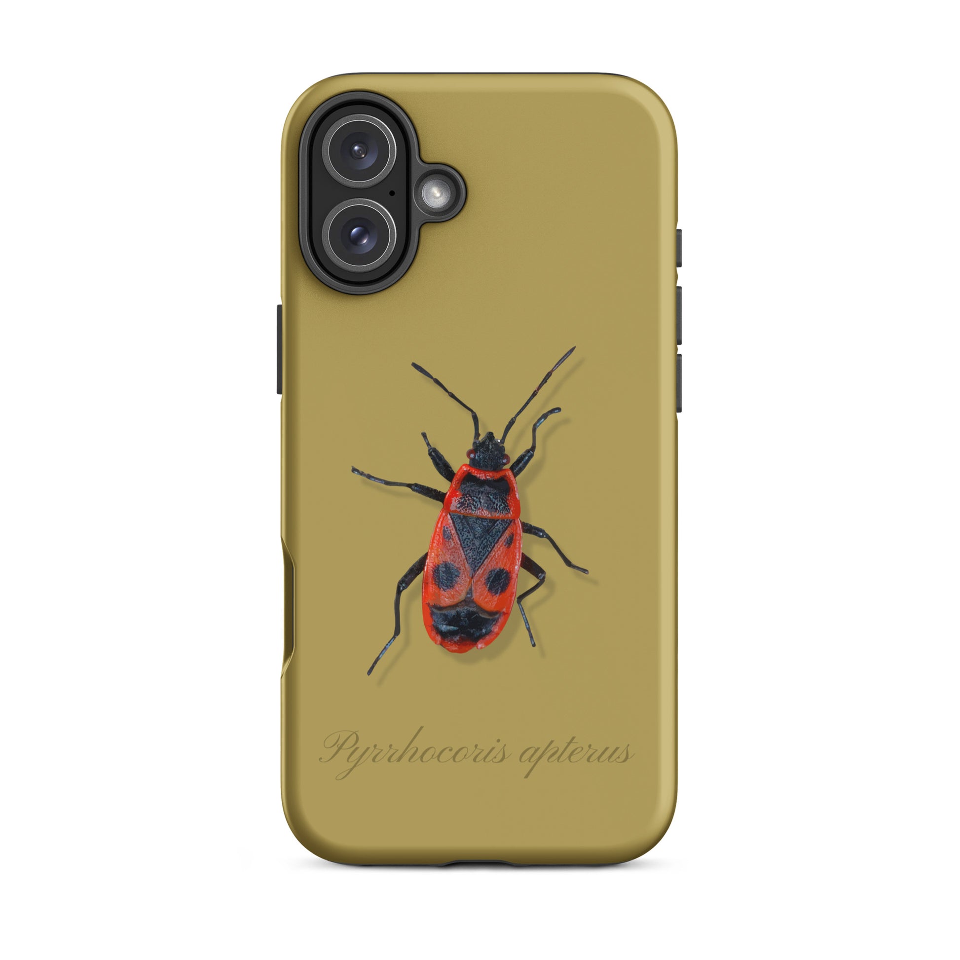 Handyhülle für Apple iPhone mit Feuerwanzen-Motiv in Ockergelb, robuste Silikonhülle.