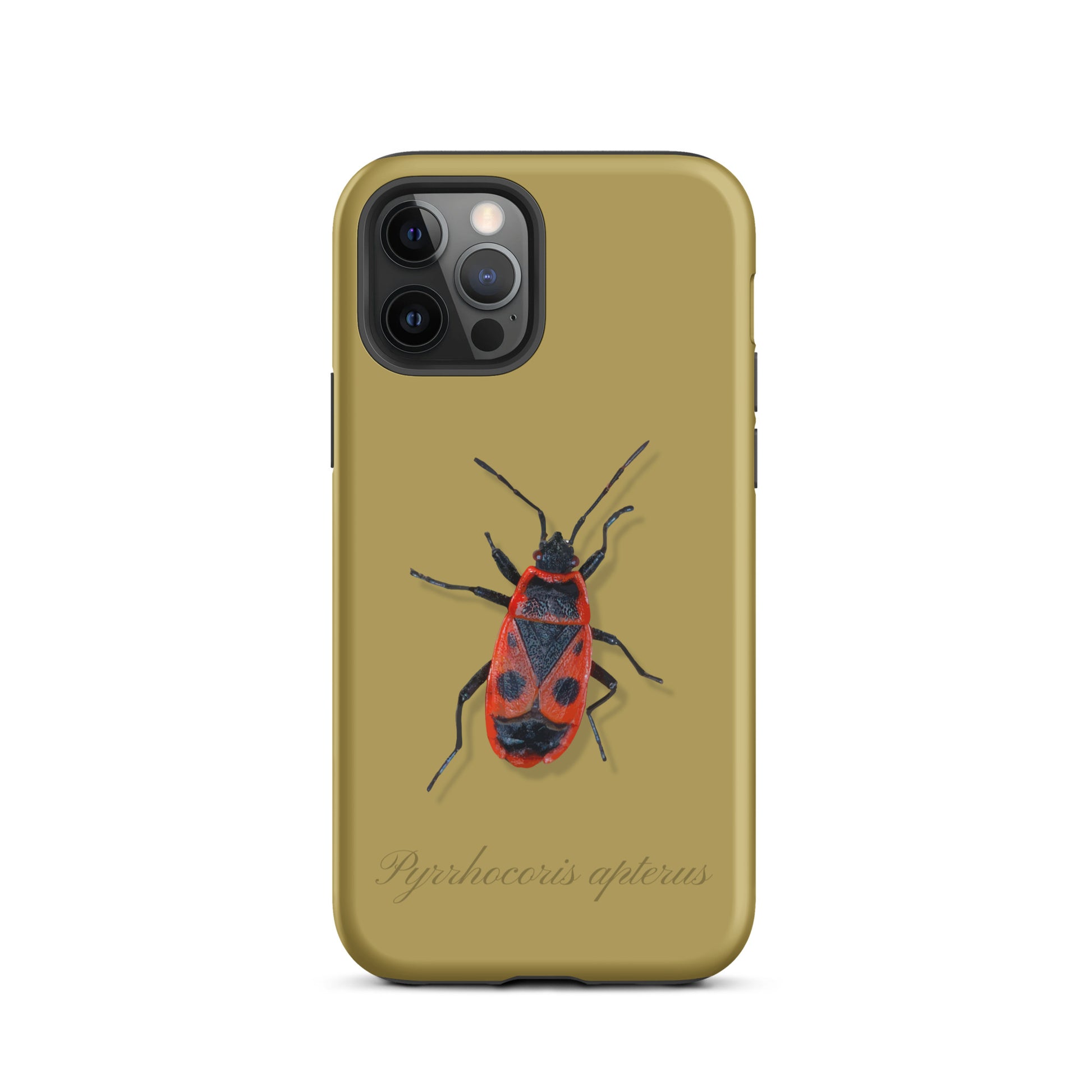 Ockergelbe iPhone-Hülle mit Feuerwanzen-Motiv, Schutzhülle aus robustem Material