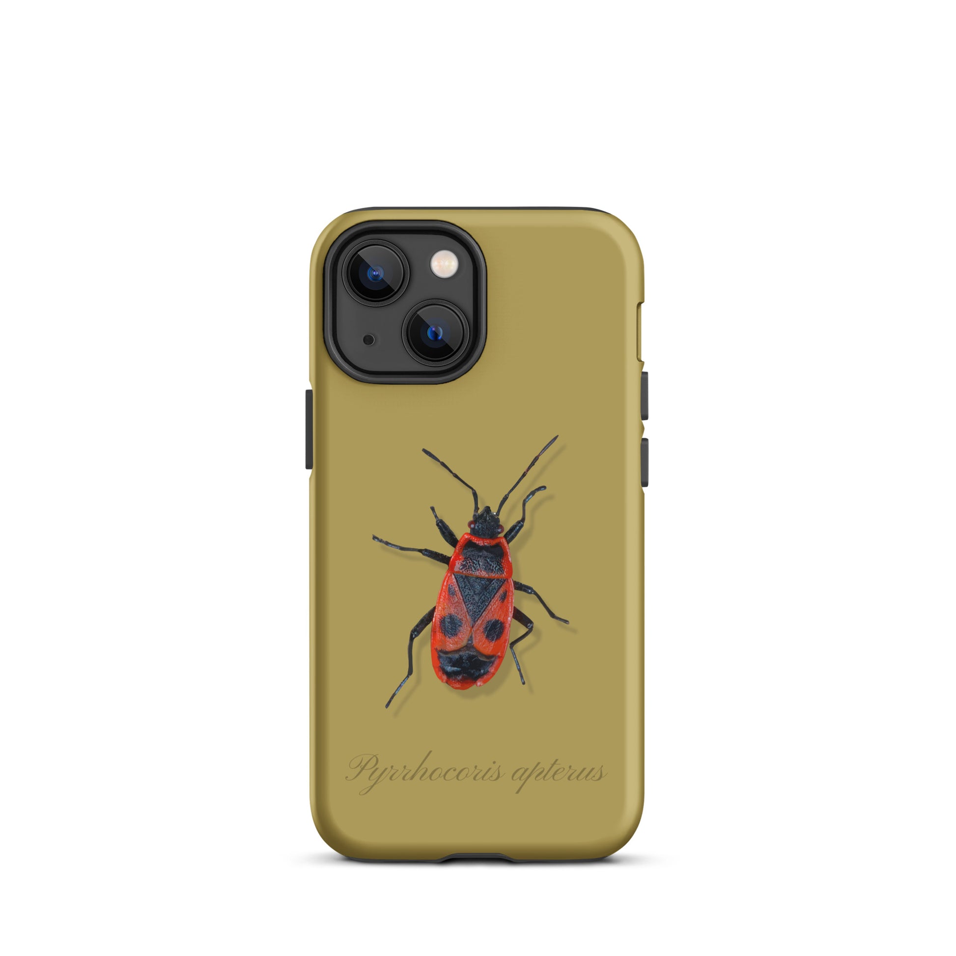 Ockergelbe iPhone-Hülle mit Feuerwanzen-Design, Schutzhülle aus robustem Material für Apple iPhone.