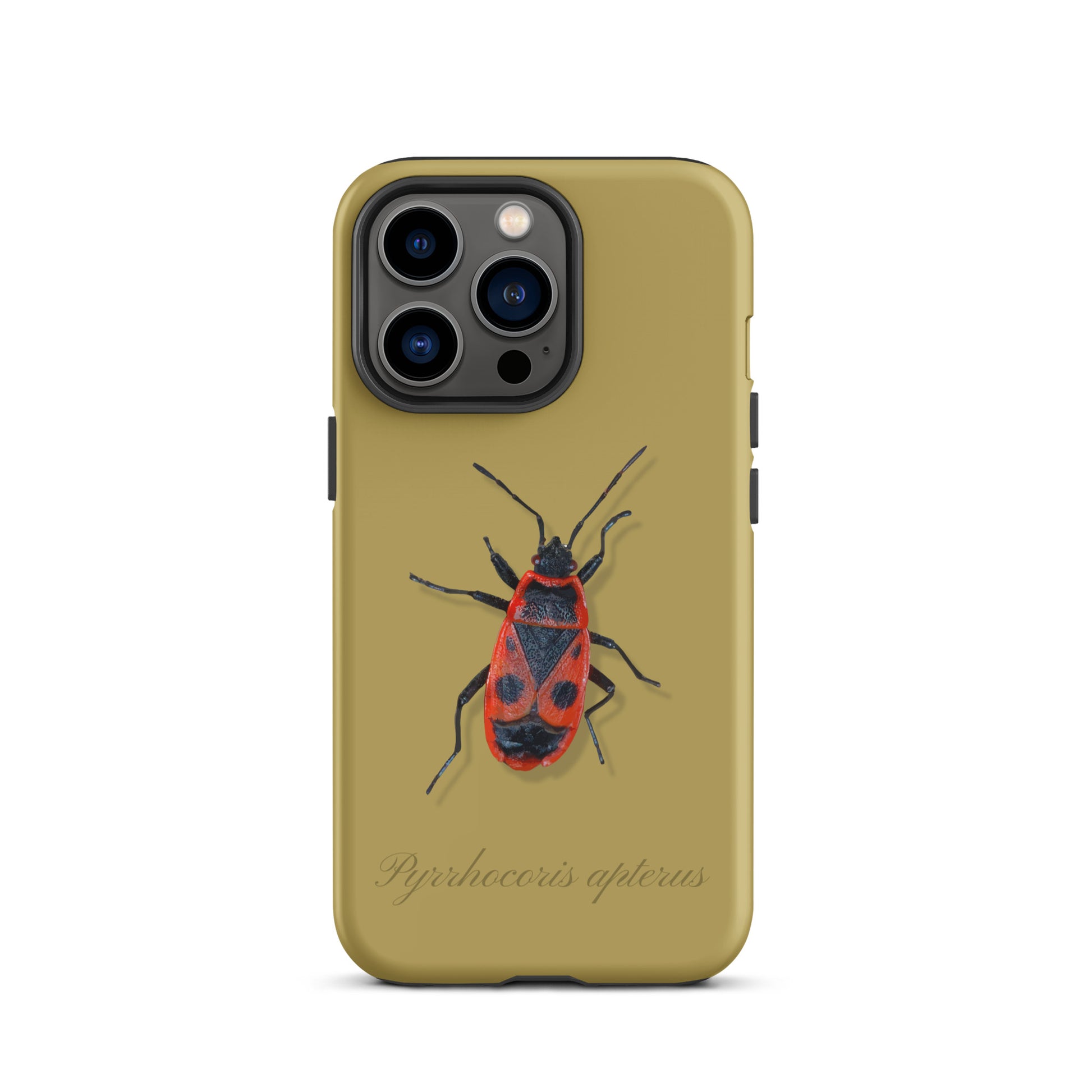 Ockergelbe iPhone Schutzhülle mit Feuerwanze-Design, Rückansicht