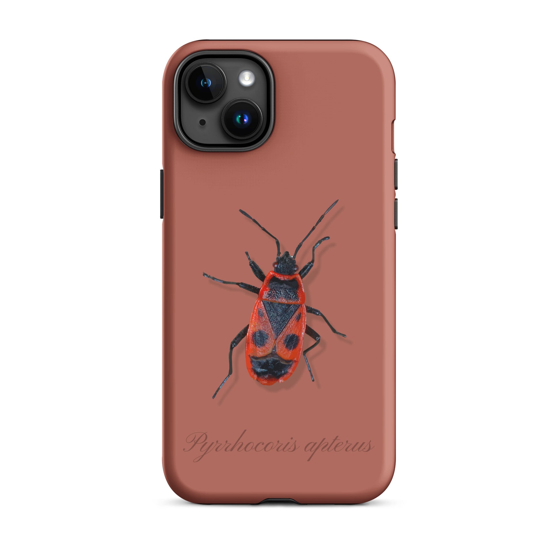 iPhone Hülle in Ziegelrot mit Feuerwanzen-Muster, Schutzhülle aus robustem Material für Apple iPhone.