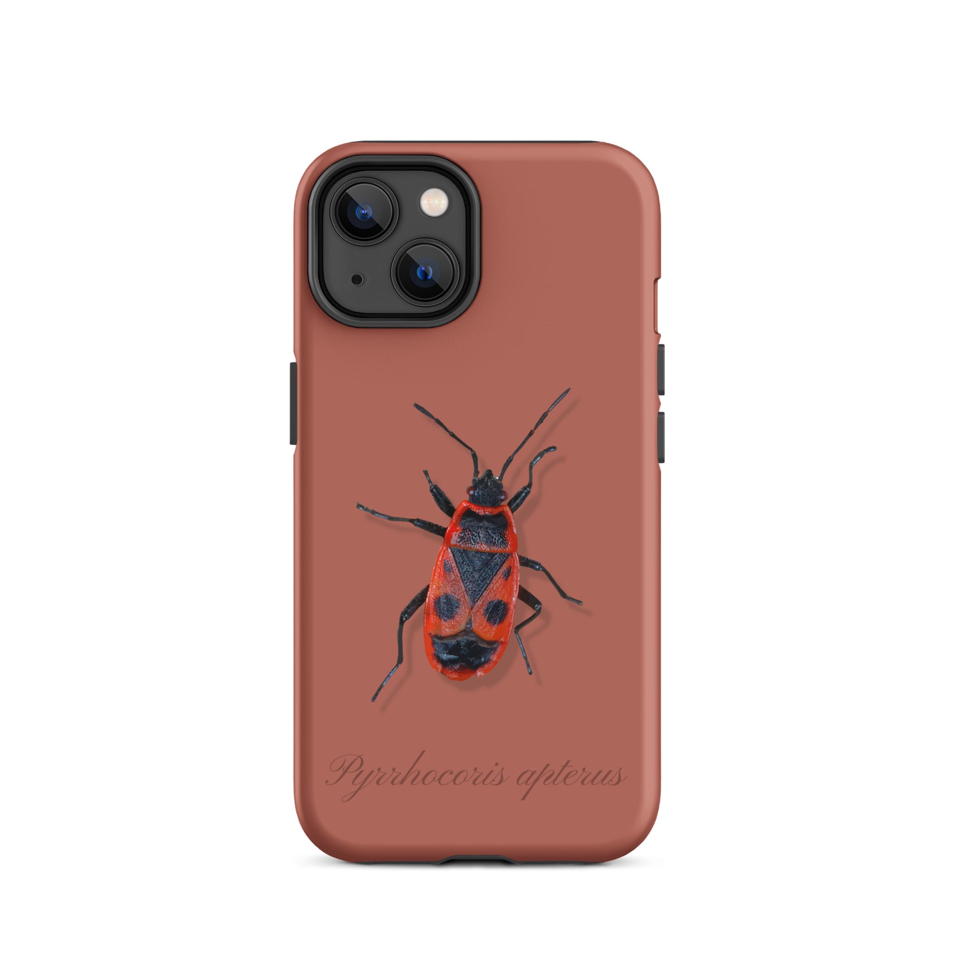 Ziegelrote iPhone-Hülle mit Feuerwanzen-Design aus robustem Kunststoff, Seitenansicht.